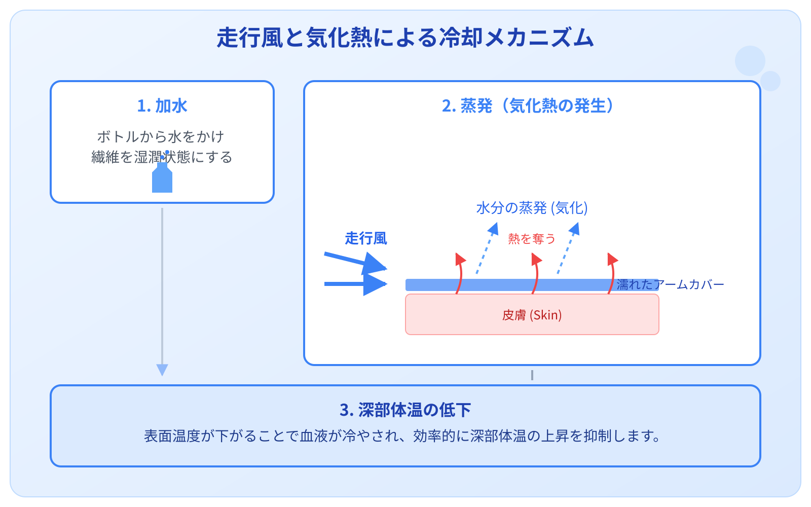 走行風と気化熱を利用した冷却メカニズムのフロー図。左から「走行風(矢印)」が「濡れたアームカバー(断面図)」に当たる様子を描写。アームカバー内の水分が蒸発する際に、皮膚(ピンク色)から「熱(赤い波線矢印)」を奪うプロセスを3段階で示す。1.加水(ボトルから水)、2.蒸発(気化熱発生)、3.深部体温の低下。各ステップに短い解説を添え、涼しさを感じさせる水色と青のグラデーションで構成。
