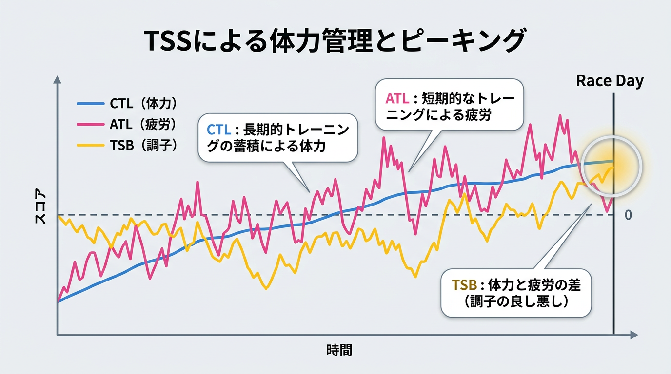 【文脈】TSS（トレーニングストレススコア）を用いた体力管理（ピーキング）の仕組みを解説する図。トレーニングを積むと体力（CTL）が上がるが、同時に疲労（ATL）も溜まり、その差が「調子（TSB）」になる関係を示す。【図解指示】時系列の折れ線グラフ。1. 青色の線（CTL/体力）が右肩上がりに緩やかに上昇。2. ピンク色の線（ATL/疲労）が激しく上下しながらCTLを追い越す。3. 黄色の線（TSB/調子）が0ラインを境に、ハードな練習時はマイナスに沈み、休息（テーパリング）を入れるとプラスに転じる様子を描く。グラフの右端に「Race Day」という縦線を引き、そこでTSBがプラス域にあることを強調。各項目の意味を吹き出しで解説。