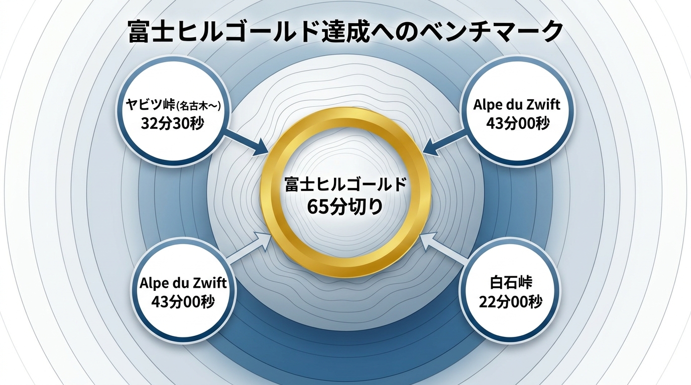 【文脈】富士ヒルゴールド達成の実力を判定するための、主要な峠別目安タイムの相関図。読者が自分の現在のタイムと比較して、ゴールドまでの距離を直感的に理解できるようにする。【図解指示】3つの円（ベンチマーク）が中央の「富士ヒルゴールド（65分切り）」に向かう構造。1つ目の円: 「ヤビツ峠（名古木〜） 32分30秒」、2つ目の円: 「Alpe du Zwift 43分00秒」、3つ目の円: 「白石峠 22分00秒」。各円から中央のゴールドリングへ矢印を伸ばす。背景には富士山の等高線をイメージした同心円を配置し、外側から内側へ行くほど難易度が上がることを示す。
