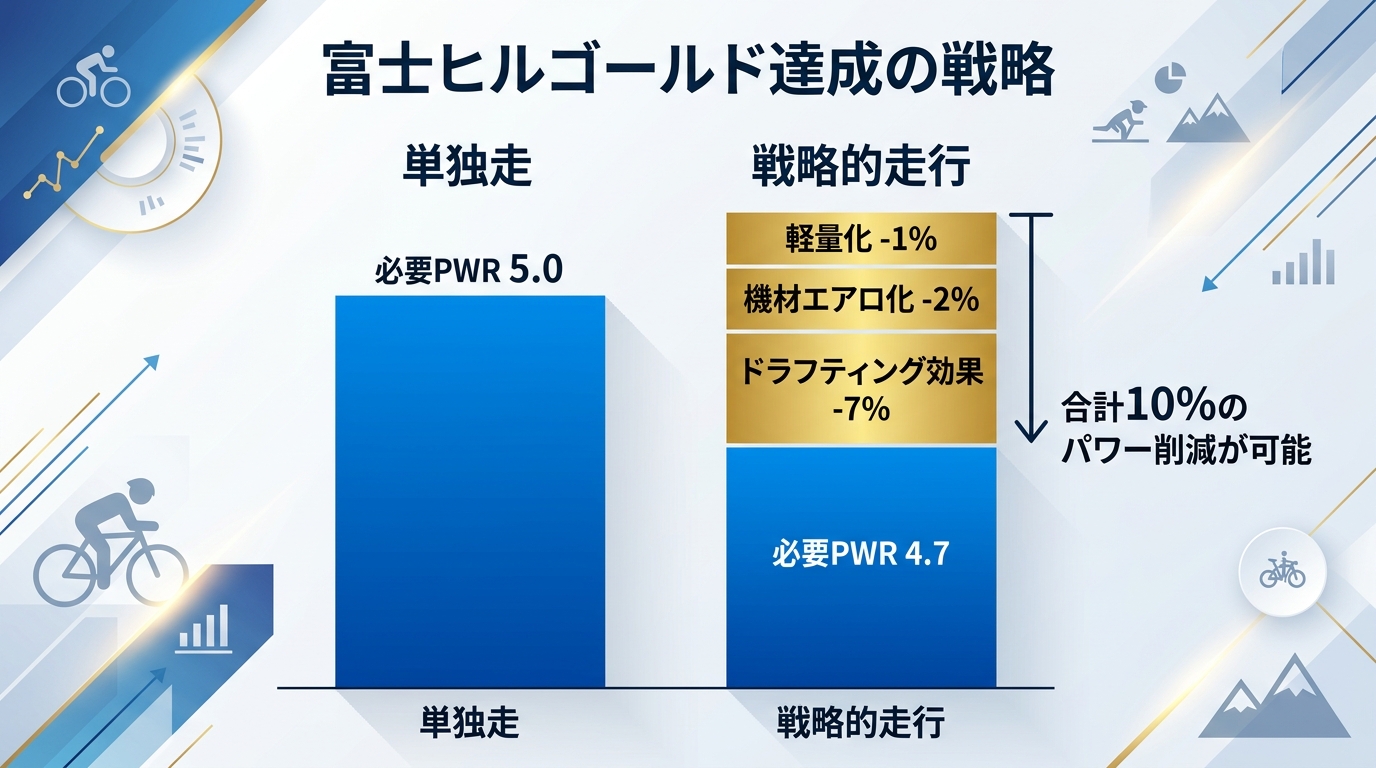 【文脈】富士ヒルゴールド達成における、パワー以外の短縮要素（ドラフティング、空力、軽量化）の影響度を視覚化したグラフ。5倍未満のパワーでもゴールドが狙える理由を論理的に解説する。【図解指示】積算棒グラフ。左側の棒: 「単独走（必要PWR 5.0）」を表示。右側の棒: 「戦略的走行（必要PWR 4.7）」を表示し、その上に短縮要素を積み上げる。短縮要素の内訳: 「ドラフティング効果（-7%）」「機材エアロ化（-2%）」「軽量化（-1%）」。合計で10%分のパワー削減が可能であることを視覚的に示す。色はパワー部分を青、戦略要素をゴールドで色分けし、戦略の重要性を強調する。