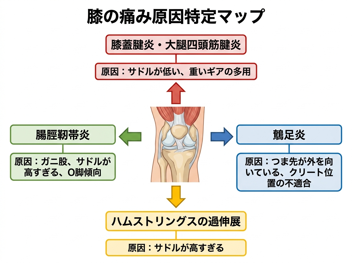 【文脈】膝の痛む場所によって、どのような原因や疾患が考えられるかを一目で判断するためのマッピング図。読者が自分の痛みをセルフチェックする際の起点となる。【図解指示】膝の解剖図を中心としたマインドマップ形式の構造図。1. 中央に「膝の痛み原因特定マップ」の円。2. 上方向（前側）: 「膝蓋腱炎・大腿四頭筋腱炎」。原因: サドルが低い、重いギアの多用。3. 右方向（内側）: 「鵞足炎」。原因: つま先が外を向いている、クリート位置の不適合。4. 左方向（外側）: 「腸脛靭帯炎」。原因: ガニ股、サドルが高すぎる、O脚傾向。5. 下方向（裏側）: 「ハムストリングスの過伸展」。原因: サドルが高すぎる。各方向は色分け（前:赤、内:青、外:緑、裏:黄）し、矢印で関連付ける。数値は不明。