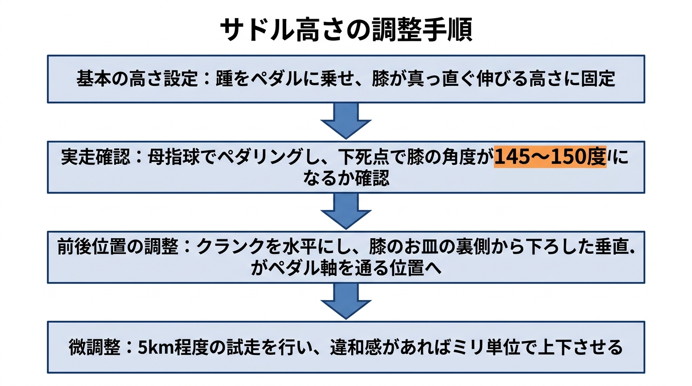 【文脈】サドルの高さを調整する際の論理的なステップを示すフロー図。感覚に頼らず、数値や基準に基づいた調整手順を視覚化する。【図解指示】上から下へ流れるプロセスチャート。ステップ1: 「基本の高さ設定」。踵をペダルに乗せ、膝が真っ直ぐ伸びる高さにサドルを固定。ステップ2: 「実走確認」。母指球でペダリングし、下死点で膝の角度が145〜150度になるか確認。ステップ3: 「前後位置の調整」。クランクを水平にし、膝のお皿の裏側から下ろした垂直線がペダル軸を通る位置へ。ステップ4: 「微調整」。5km程度の試走を行い、違和感があればミリ単位で上下させる。各ステップは長方形のボックスで囲み、下向きの太い矢印で繋ぐ。数値は145〜150度を明記。