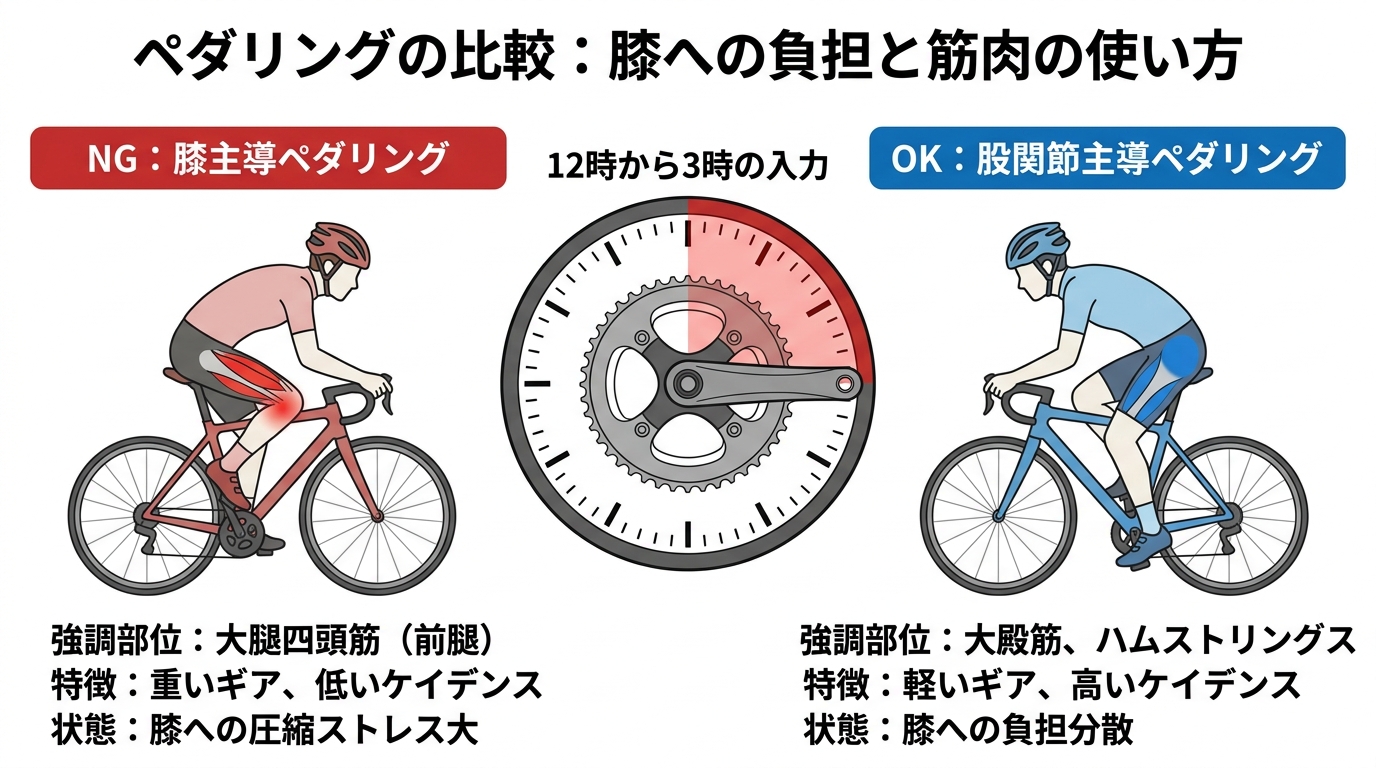 【文脈】膝に負担をかける「踏む」ペダリングと、膝に優しい「回す」ペダリングの違いを筋肉の使用部位で比較する図。【図解指示】左右比較のイラストレーション図。左側（NG例）: 「膝主導ペダリング」。強調部位: 大腿四頭筋（前腿）。特徴: 重いギア、低いケイデンス、膝への圧縮ストレス大。右側（OK例）: 「股関節主導ペダリング」。強調部位: 大殿筋（お尻）、ハムストリングス（裏腿）。特徴: 軽いギア、高いケイデンス、膝への負担分散。中央に「12時から3時の入力」を強調した時計盤のクランク図を配置。色使いはNGを赤、OKを青で対比させる。数値は不明。