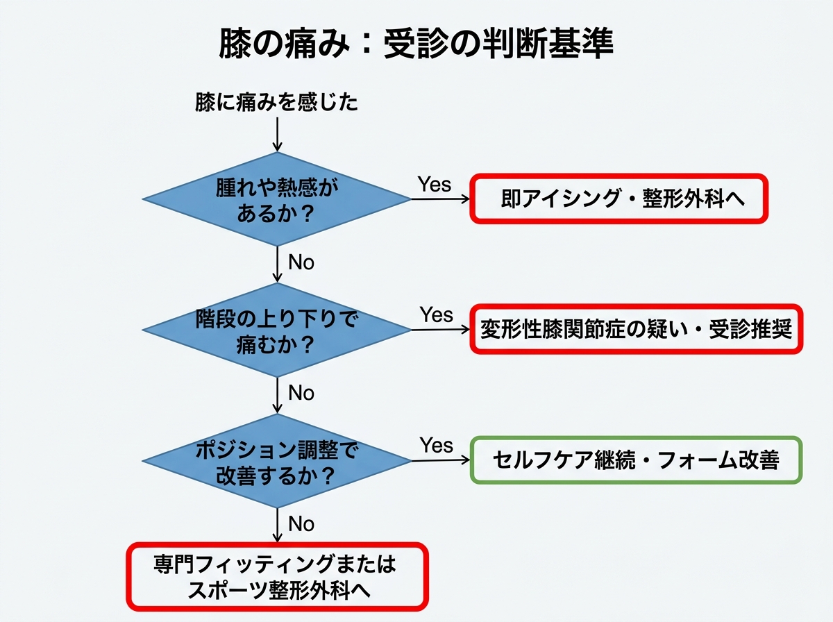 【文脈】膝の痛みの重症度を判断し、セルフケアで様子を見るか、専門医を受診するかの境界線を示す意思決定ツリー。【図解指示】分岐型の意思決定フロー図。開始点: 「膝に痛みを感じた」。分岐1: 「腫れや熱感があるか？」→ Yesなら「即アイシング・整形外科へ」。Noなら次へ。分岐2: 「階段の上り下りで痛むか？」→ Yesなら「変形性膝関節症の疑い・受診推奨」。Noなら次へ。分岐3: 「ポジション調整で改善するか？」→ Yesなら「セルフケア継続・フォーム改善」。Noなら「専門フィッティングまたはスポーツ整形外科へ」。最終的なアクションは色付きの太枠ボックスで強調。数値は不明。