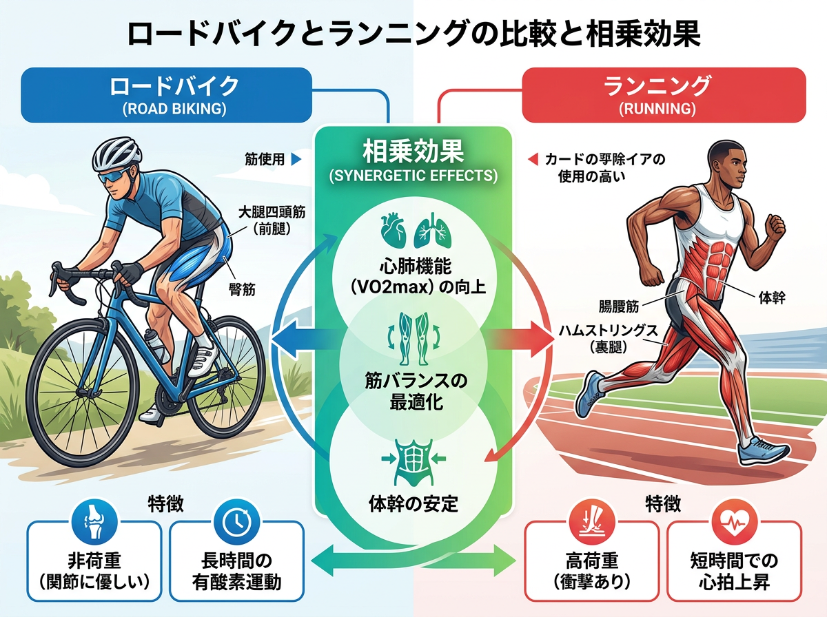 【文脈】ロードバイクとランニングにおける筋肉の使用部位と心肺負荷の違いを比較する図解。両者を組み合わせるメリットを視覚化する。【図解指示】左右比較の構造図。左側「ロードバイク」: 主な使用部位は大腿四頭筋（前腿）、臀筋。特徴は非荷重（関節に優しい）、長時間の有酸素運動。右側「ランニング」: 主な使用部位はハムストリングス（裏腿）、腸腰筋、体幹。特徴は高荷重（衝撃あり）、短時間での心拍上昇。中央に「相乗効果」として、心肺機能（VO2max）の向上、筋バランスの最適化、体幹の安定を配置。色分け: バイクは青、ランは赤、相乗効果は緑のグラデーション。