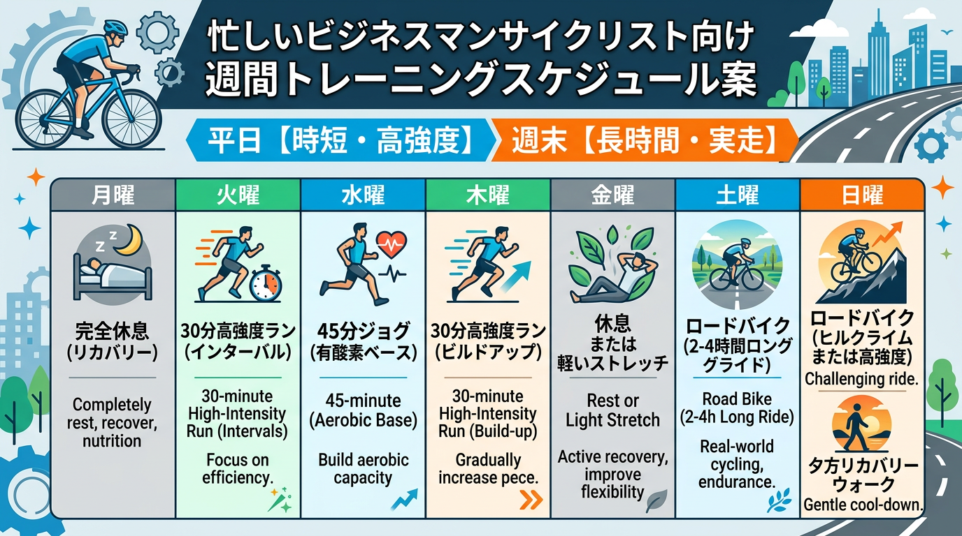 【文脈】忙しいビジネスマンサイクリスト向けの1週間のトレーニングスケジュール案。ランニングとバイクを戦略的に配置したカレンダー。【図解指示】週間カレンダー形式のテーブル。月曜: 完全休息（リカバリー）、火曜: 30分高強度ラン（インターバル）、水曜: 45分ジョグ（有酸素ベース）、木曜: 30分高強度ラン（ビルドアップ）、金曜: 休息または軽いストレッチ、土曜: ロードバイク（2-4時間ロングライド）、日曜: ロードバイク（ヒルクライムまたは高強度）＋夕方リカバリーウォーク。平日は「時短・高強度」、週末は「長時間・実走」というコンセプトを上部に明記。