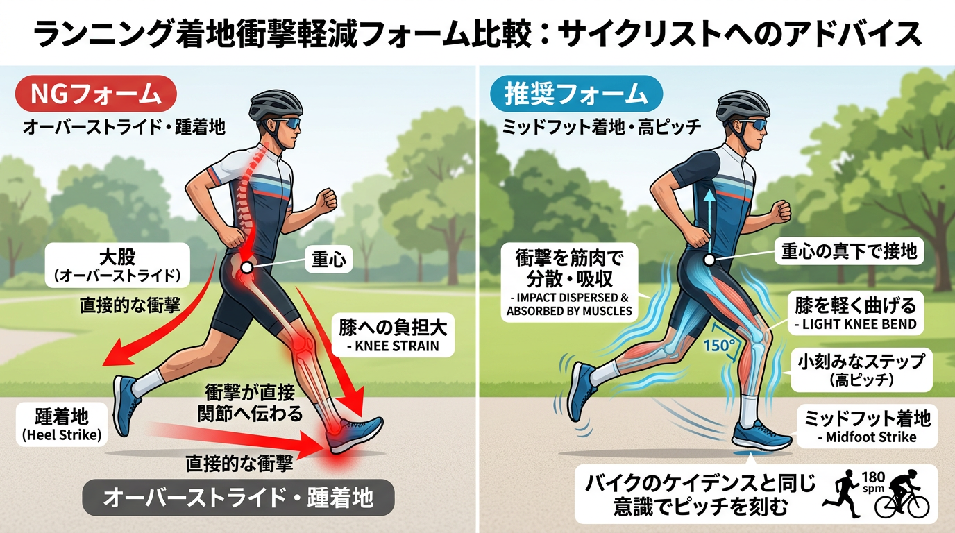 【文脈】ランニング時の着地衝撃を軽減するための正しいフォームと、膝への負担を視覚化した図解。サイクリストが陥りがちな悪い例との比較。【図解指示】2つの走行フォームの比較図。左「NGフォーム」: 大股（オーバーストライド）、踵着地。衝撃が直接膝と腰に伝わる矢印を表示。右「推奨フォーム」: 小刻みなステップ（高ピッチ）、重心の真下で接地（ミッドフット着地）。衝撃が筋肉で分散される様子を波線で表現。膝の角度が軽く曲がっていることを強調。キャプションに「バイクのケイデンスと同じ意識でピッチを刻む」と記載。