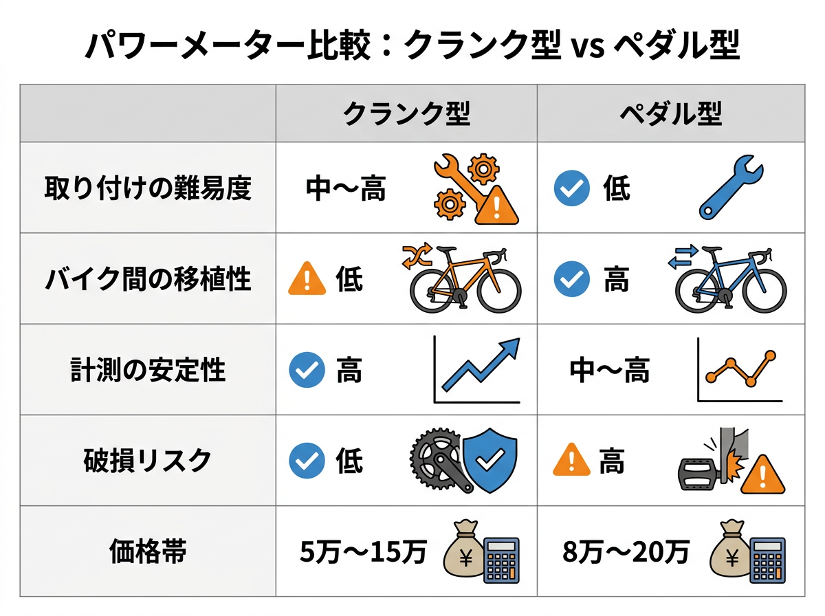 【文脈】パワーメーターの主要な2つのタイプ（クランク型とペダル型）のメリット・デメリットを比較する表。読者が自分の環境に適したタイプを判断するための基準を提供する。【図解指示】比較表（マトリクス図）。行項目: 取り付けの難易度、バイク間の移植性、計測の安定性、破損リスク、価格帯。列項目: クランク型、ペダル型。クランク型: 取り付け（中〜高）、移植性（低）、安定性（高）、破損リスク（低）、価格（5万〜15万）。ペダル型: 取り付け（低）、移植性（高）、安定性（中〜高）、破損リスク（高）、価格（8万〜20万）。各項目には、メリットを強調する青色と、注意点を示すオレンジ色のアイコンを添える。