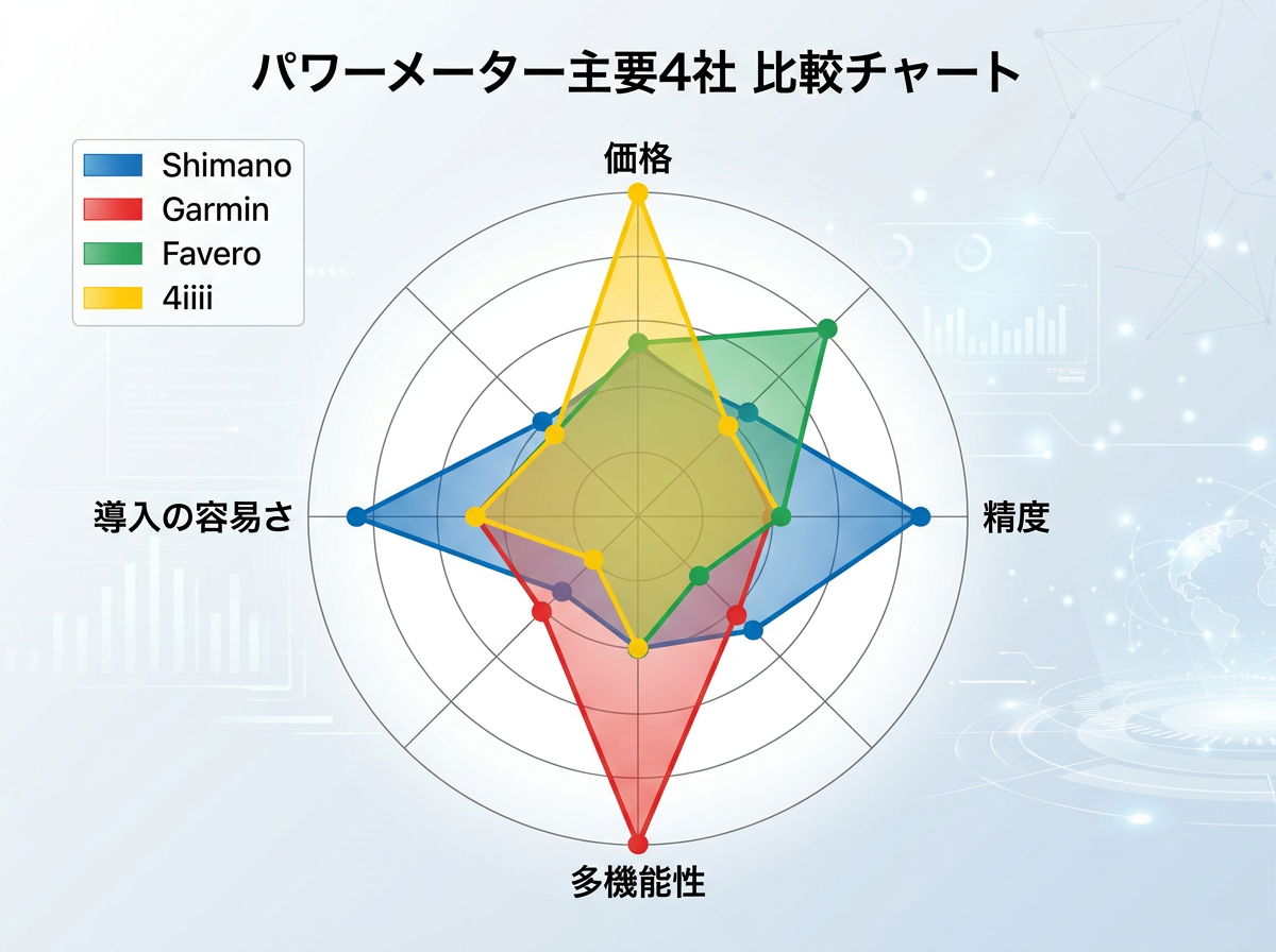 【文脈】主要なパワーメーターメーカー4社の特徴を、価格・精度・機能性の3軸で整理する図。読者が自分の優先順位に合わせてメーカーを選べるようにする。【図解指示】レーダーチャートまたは比較マトリクス。4社（Shimano, Garmin, Favero, 4iiii）を比較。項目: 価格、精度、多機能性、導入の容易さ。Shimano: 精度・信頼性◎、価格○。Garmin: 多機能性◎、価格△。Favero: コスパ◎、精度○。4iiii: 価格◎、機能性△。各メーカーのロゴは使わずテキストのみで表記。色分けして視覚的に区別する。