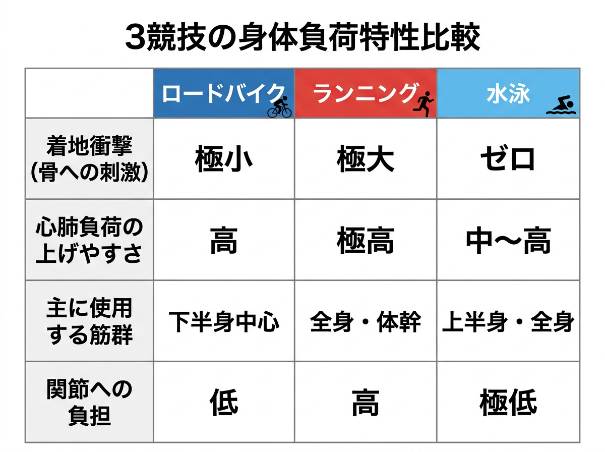 【文脈】ロードバイク、ランニング、水泳の3競技における身体への負荷特性を比較する表。サイクリストが他競技を取り入れる際の判断材料とする。【図解指示】3×4のマトリクス比較表。行項目: 1.着地衝撃（骨への刺激）、2.心肺負荷の上げやすさ、3.主に使用する筋群、4.関節への負担。列項目: ロードバイク、ランニング、水泳。内容: ロードバイク（衝撃:極小、心肺:高、筋肉:下半身中心、負担:低）、ランニング（衝撃:極大、心肺:極高、筋肉:全身・体幹、負担:高）、水泳（衝撃:ゼロ、心肺:中〜高、筋肉:上半身・全身、負担:極低）。色分け: ロードバイクは青、ランニングは赤、水泳は水色でヘッダーを色分けする。