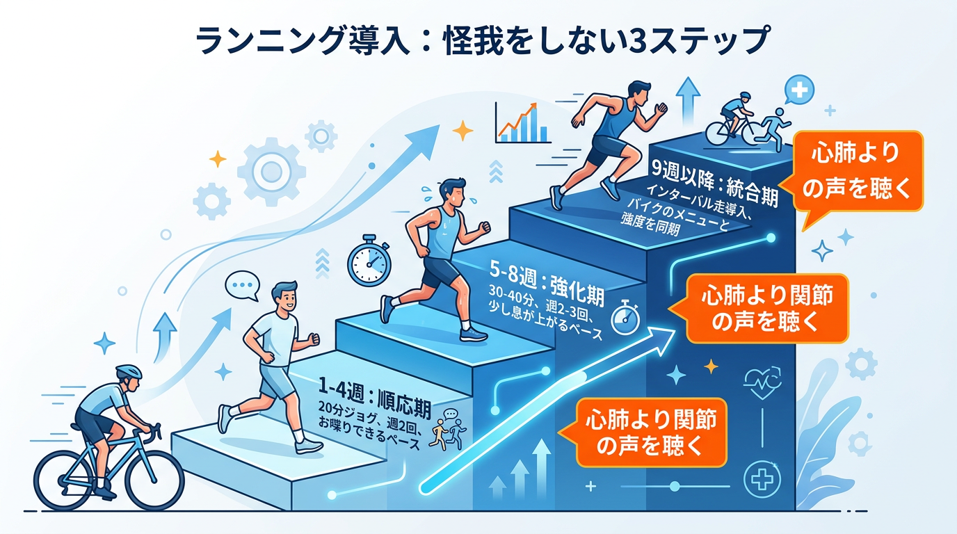 【文脈】ランニング導入時の「怪我をしないための3ステップ」を解説する図。焦るサイクリストを制止し、段階的な導入を促す。【図解指示】階段状の3ステップ図。下から上へ。ステップ1（1-4週）:「順応期」20分ジョグ、週2回、お喋りできるペース。ステップ2（5-8週）:「強化期」30-40分、週2-3回、少し息が上がるペース。ステップ3（9週以降）:「統合期」インターバル走導入、バイクのメニューと強度を同期。各ステップの横に注意点として「心肺より関節の声を聴く」と大きく記載する。