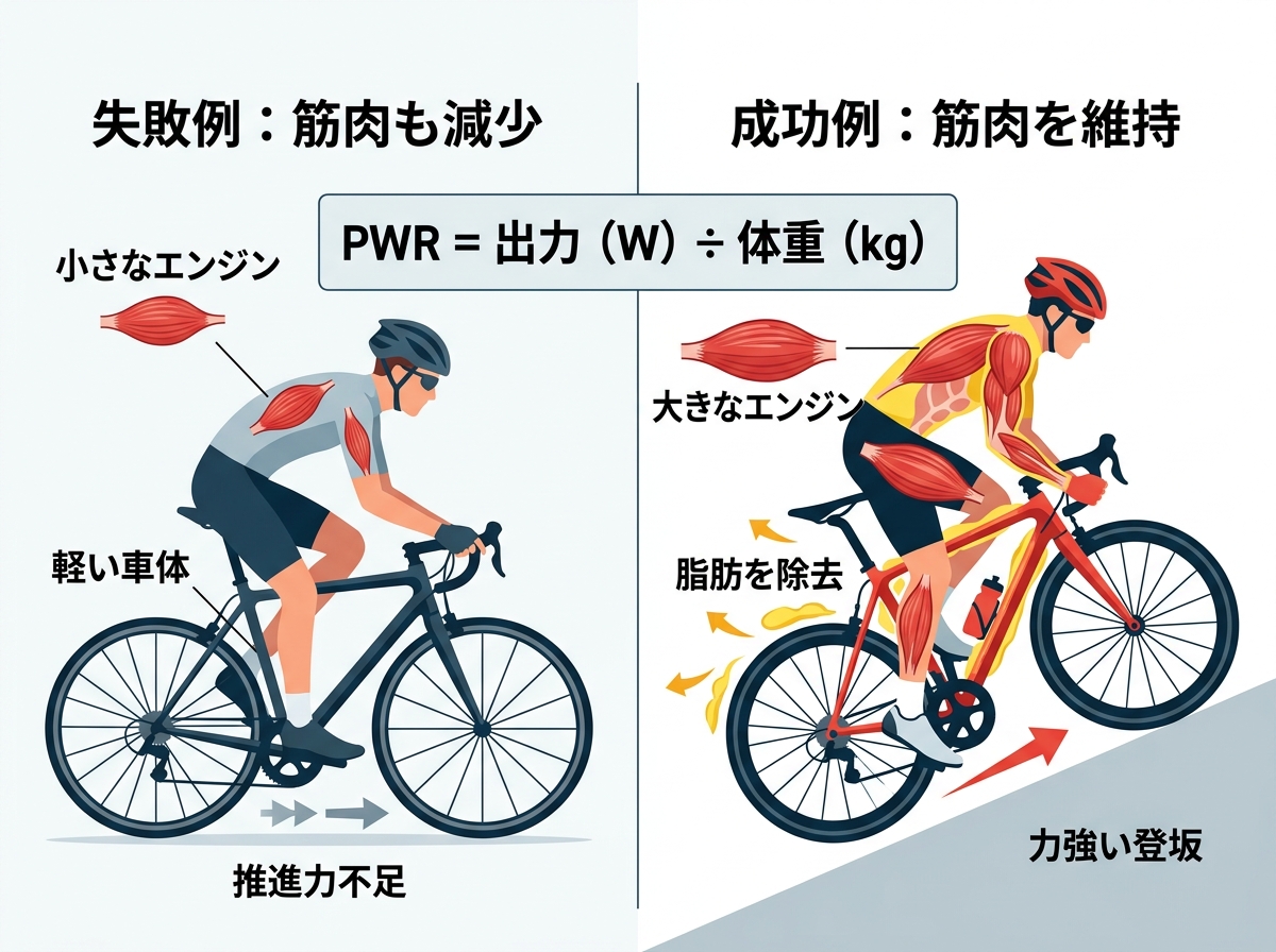 【文脈】ロードバイクのパフォーマンスにおけるパワーウェイトレシオ（PWR）の概念を、エンジンと車体の関係に例えて説明する図解。筋肉（エンジン）を維持しつつ脂肪（荷物）を減らす重要性を視覚化する。【図解指示】左右比較の構造図。左側「失敗例」：エンジンが小さくなり、車体も軽くなっているが、推進力が不足している様子。右側「成功例」：エンジン（筋肉）は大きく力強いまま、車体に載った重り（脂肪）だけが取り除かれ、力強く坂を登る様子。中央に「PWR = 出力（W）÷ 体重（kg）」の数式を配置。色分け：筋肉は赤、脂肪は黄色、背景は清潔感のある白。