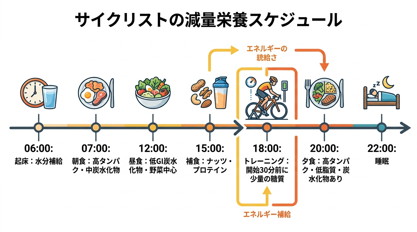 【文脈】減量中のサイクリストが、1日の中でいつ、何を食べるべきかを視覚化したタイミングチャート。トレーニング強度と栄養摂取の関係を示す。【図解指示】タイムライン形式のフロー図。06:00 起床（水分補給）、07:00 朝食（高タンパク・中炭水化物）、12:00 昼食（低GI炭水化物・野菜中心）、15:00 補食（ナッツ・プロテイン）、18:00 トレーニング（開始30分前に少量の糖質）、20:00 夕食（高タンパク・低脂質・トレーニング直後のため炭水化物あり）、22:00 睡眠。各時間帯にアイコンを配置。