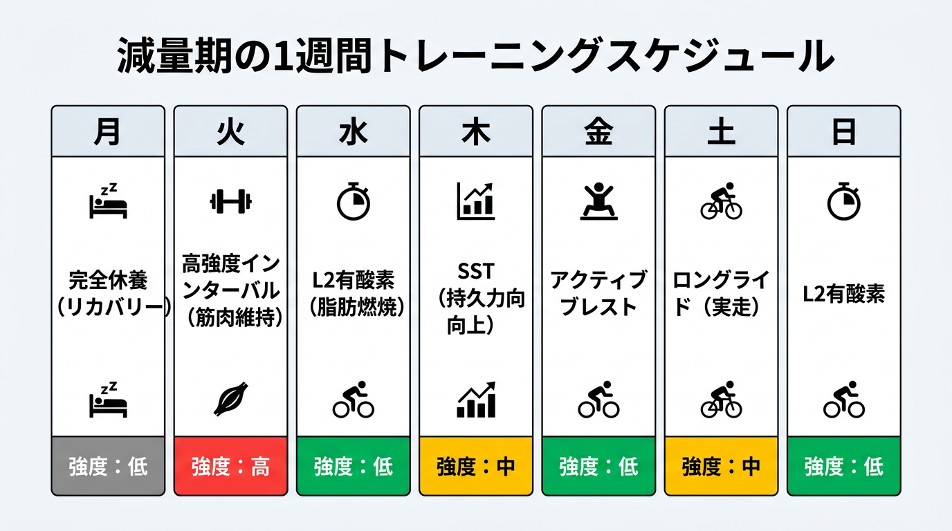 【文脈】減量期における1週間のトレーニングスケジュールの組み方を、強度と目的別に整理した図。オーバーワークを防ぎつつ脂肪を燃やすリズムを提示する。【図解指示】1週間のカレンダー形式の表。月：完全休養（リカバリー）、火：高強度インターバル（筋肉維持）、水：L2有酸素（脂肪燃焼）、木：SST（持久力向上）、金：アクティブレスト、土：ロングライド（実走）、日：L2有酸素。各曜日に「強度（高・中・低）」を色分けしたバーを表示。