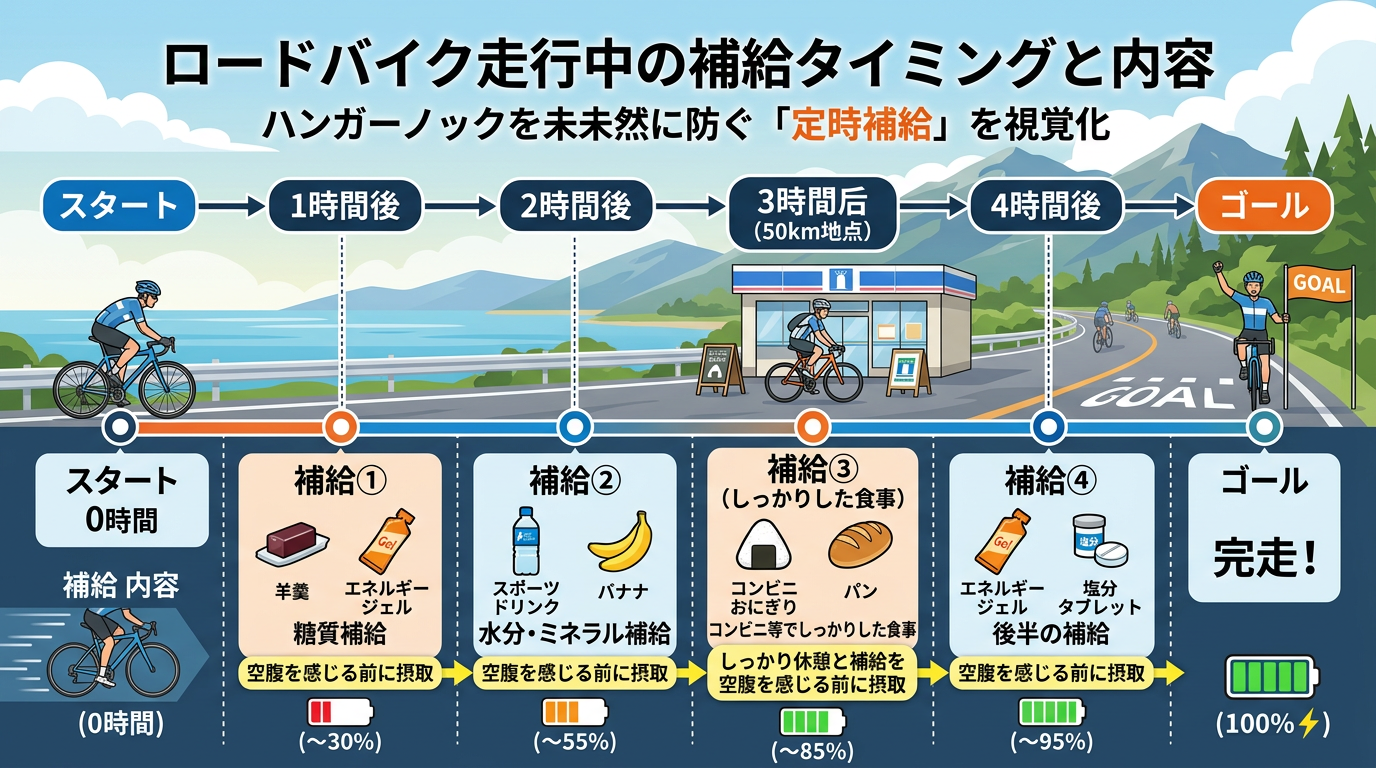 【文脈】ロードバイク走行中の補給タイミングと内容を整理したタイムライン図。ハンガーノックを未然に防ぐための「定時補給」を視覚化する。【図解指示】タイムライン図。左から右へ「スタート」「1時間後」「2時間後」「3時間後（50km地点）」「4時間後」「ゴール」。各時間の下に補給内容を記載。1時間後: 羊羹・ジェル（糖質補給）。2時間後: スポーツドリンク・バナナ。3時間後: コンビニ等でしっかりした食事（おにぎり・パン）。4時間後: ジェル・塩分タブレット。各ポイントに「空腹を感じる前に摂取」という注釈を配置。背景にはバッテリー残量が徐々に回復するようなアイコンを添える。