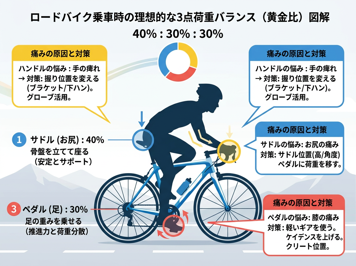 【文脈】ロードバイク乗車時の理想的な荷重バランス（3点荷重）を説明する構造図。お尻・手・足への負担分散を視覚化する。【図解指示】ロードバイクに乗るサイクリストのシルエット図。3つの主要な接点（ハンドル、サドル、ペダル）を円で強調し、それぞれの荷重割合を示す。サドル: 40%（骨盤を立てて座る）、ハンドル: 30%（軽く添える程度、肘に余裕を持たせる）、ペダル: 30%（足の重みを乗せる）。各部位から「痛みの原因と対策」を吹き出しで表示。ハンドル: 手の痺れ→握り位置を変える。サドル: お尻の痛み→ペダルに荷重を移す。ペダル: 膝の痛み→軽いギアを使う。全体としてバランスが取れている状態を「黄金比」として表現。