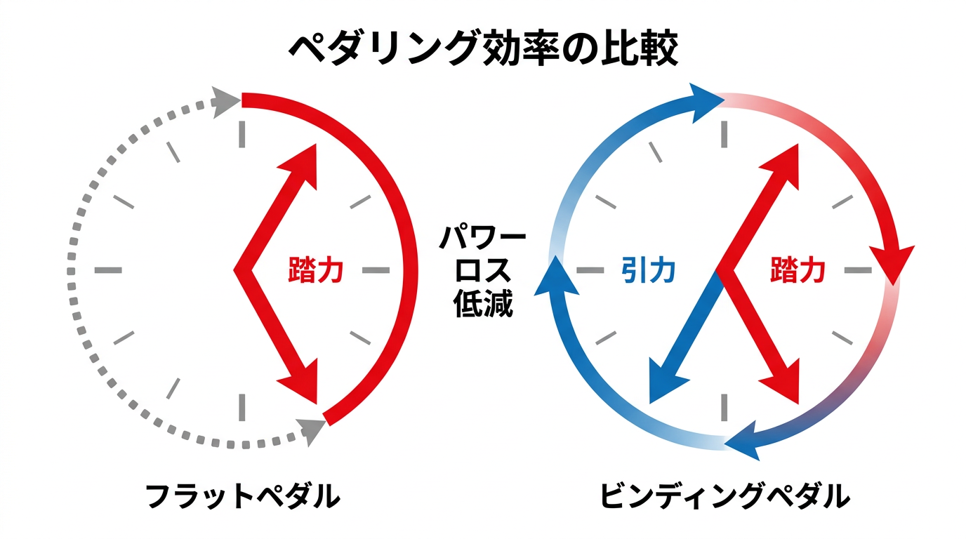 【文脈】フラットペダルとビンディングペダルのペダリング効率の違いを視覚化する図。引き足の効果が推進力にどう寄与するかを初心者に直感的に伝える。【図解指示】円運動のパワー伝達比較図。2つの円（時計の文字盤）を並べる。左側（フラットペダル）: 1時から5時の位置のみ太い赤い矢印（踏み込み）、それ以外の範囲は点線矢印（ロス）。右側（ビンディングペダル）: 1時から5時の「踏み込み」に加え、7時から11時の位置に青い上向き矢印（引き足）を表示。円全体が滑らかなグラデーションの矢印で繋がっており、360度どこでもパワーが発生している様子を表現。中央に「パワーロス低減」のラベル。色使いは赤（踏力）と青（引力）で対比させる。