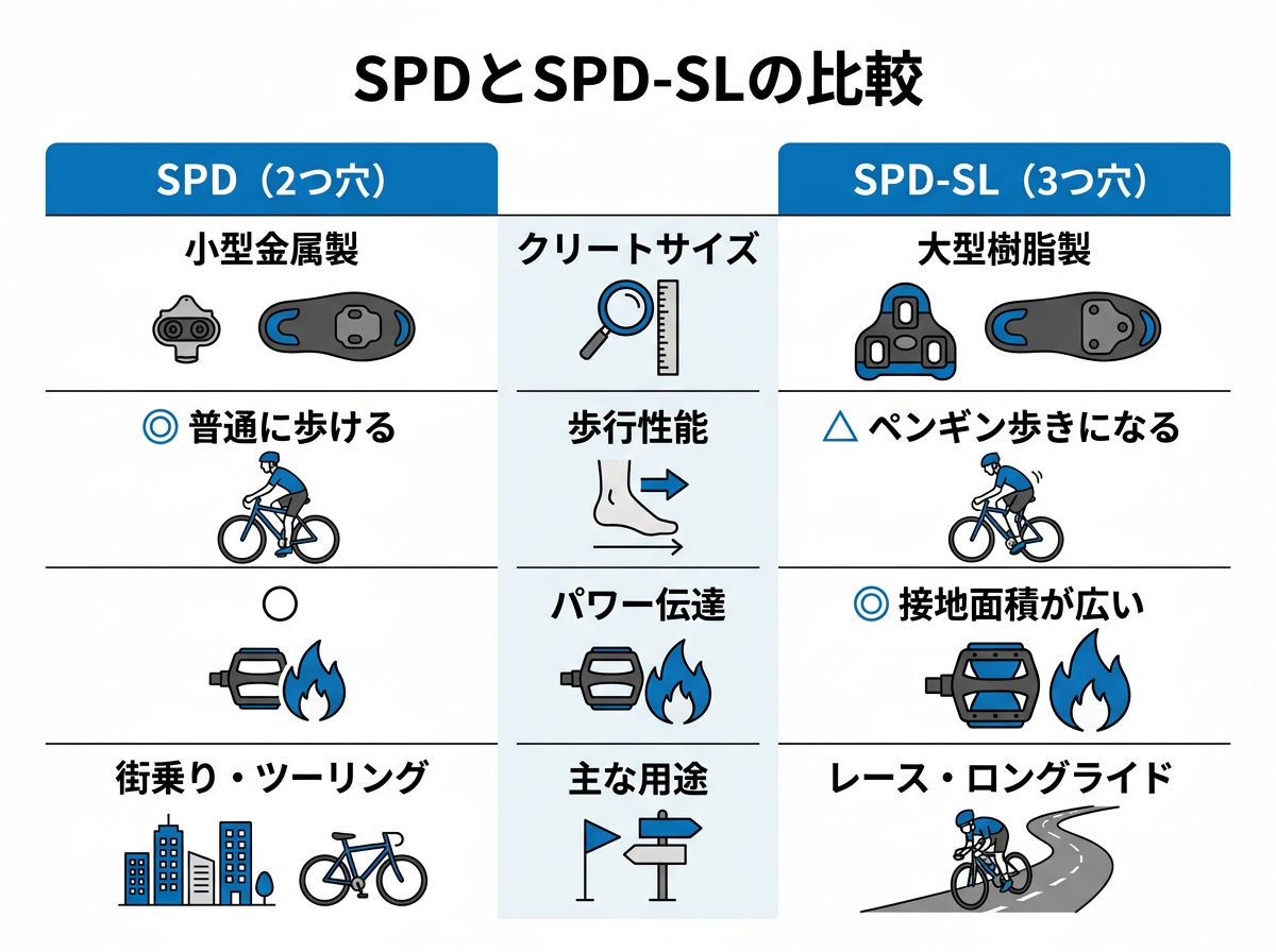 【文脈】SPDとSPD-SLの構造と用途の違いを比較する図。初心者が自分のスタイルに合わせて選べるようにメリット・デメリットを整理する。【図解指示】2カラムの比較表。左列: SPD（2つ穴）、右列: SPD-SL（3つ穴）。項目1「クリートサイズ」: SPDは小型金属製、SPD-SLは大型樹脂製。項目2「歩行性能」: SPDは◎（普通に歩ける）、SPD-SLは△（ペンギン歩きになる）。項目3「パワー伝達」: SPDは○、SPD-SLは◎（接地面積が広い）。項目4「主な用途」: SPDは街乗り・ツーリング、SPD-SLはレース・ロングライド。各項目の横にアイコン（靴のマークや炎のマーク）を添えて視覚的に分かりやすくする。全体的に清潔感のある青と白の配色。