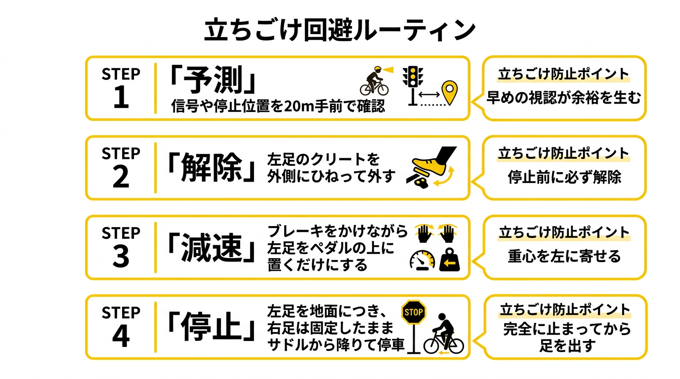【文脈】信号待ちなどで停止する際の「立ちごけ回避ルーティン」をステップバイステップで解説するフロー図。初心者が事故を防ぐための具体的な行動指針。【図解指示】垂直方向のステップフロー図（4段階）。ステップ1: 「予測」信号や停止位置を20m手前で確認。ステップ2: 「解除」左足のクリートを外側にひねって外す。ステップ3: 「減速」ブレーキをかけながら左足をペダルの上に置くだけにする。ステップ4: 「停止」左足を地面につき、右足は固定したままサドルから降りて停車。各ステップに「立ちごけ防止ポイント」として一言アドバイスを添える。注意を促す黄色と黒の警戒色をアクセントに使用。