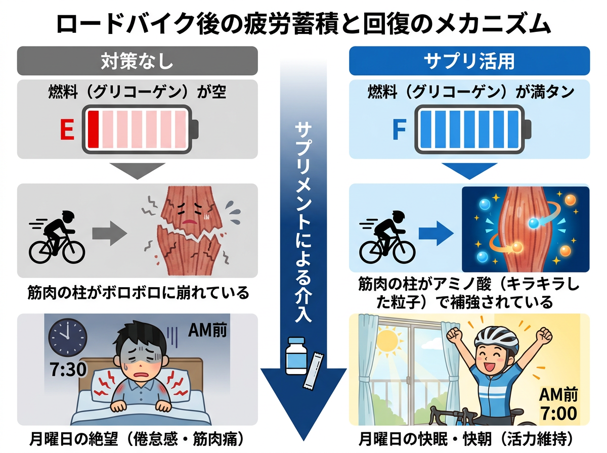 【文脈】ロードバイク後の疲労蓄積と回復のメカニズムを視覚化する図。エネルギー枯渇と筋分解がどのように翌日の疲労につながるかを説明する。【図解指示】左右比較の構造図。左側「対策なし」: 燃料（グリコーゲン）が空のタンク、筋肉の柱がボロボロに崩れているイラスト、その下に「月曜日の絶望（倦怠感・筋肉痛）」と記載。右側「サプリ活用」: 燃料タンクが満タン、筋肉の柱がアミノ酸（キラキラした粒子）で補強されているイラスト、その下に「月曜日の快眠・快朝（活力維持）」と記載。中央に「サプリメントによる介入」という大きな下向き矢印を配置。色使いは、左がグレーと赤、右が青とオレンジで対比させる。