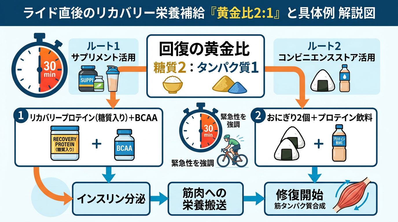 【文脈】ライド直後のリカバリー栄養補給の「黄金比2:1」と具体的な組み合わせを解説する図。【図解指示】プロセスフロー図。中央に「回復の黄金比 糖質2：タンパク質1」と大きく表示。そこから2つのルートに分岐。ルート1（サプリ）: リカバリープロテイン（糖質入り）＋BCAA。ルート2（コンビニ）: おにぎり2個＋プロテイン飲料。各ルートの終着点として「インスリン分泌→筋肉への栄養搬送→修復開始」という流れを矢印でつなぐ。背景には30分タイマーのアイコンを配置し、緊急性を強調する。