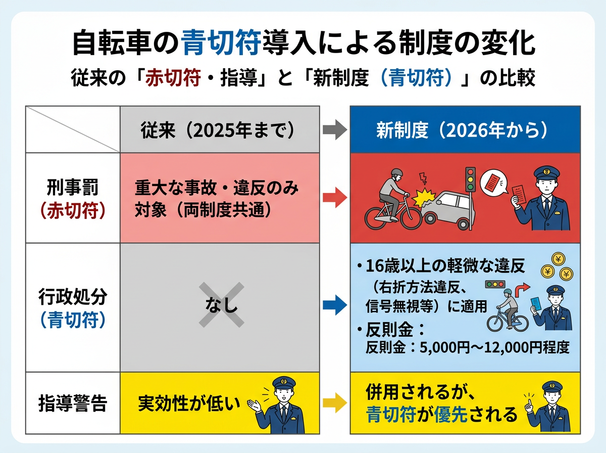 【文脈】自転車の青切符導入による制度の変化を、従来の「赤切符・指導」と「新制度（青切符）」の比較で示す図。読者が制度の立ち位置を直感的に理解できるようにする。【図解指示】比較表形式の構造図。左側に「従来（2025年まで）」、右側に「新制度（2026年から）」を配置。項目は3つ。1.刑事罰（赤切符）: 重大な事故・違反のみ対象（両制度共通）。2.行政処分（青切符）: 従来はなし、新制度では16歳以上の軽微な違反（右折方法違反、信号無視等）に適用。反則金は5,000円〜12,000円程度。3.指導警告: 従来は実効性が低い、新制度でも併用されるが青切符が優先される。色分けとして、赤切符は赤、青切符は青、指導警告は黄色で強調する。