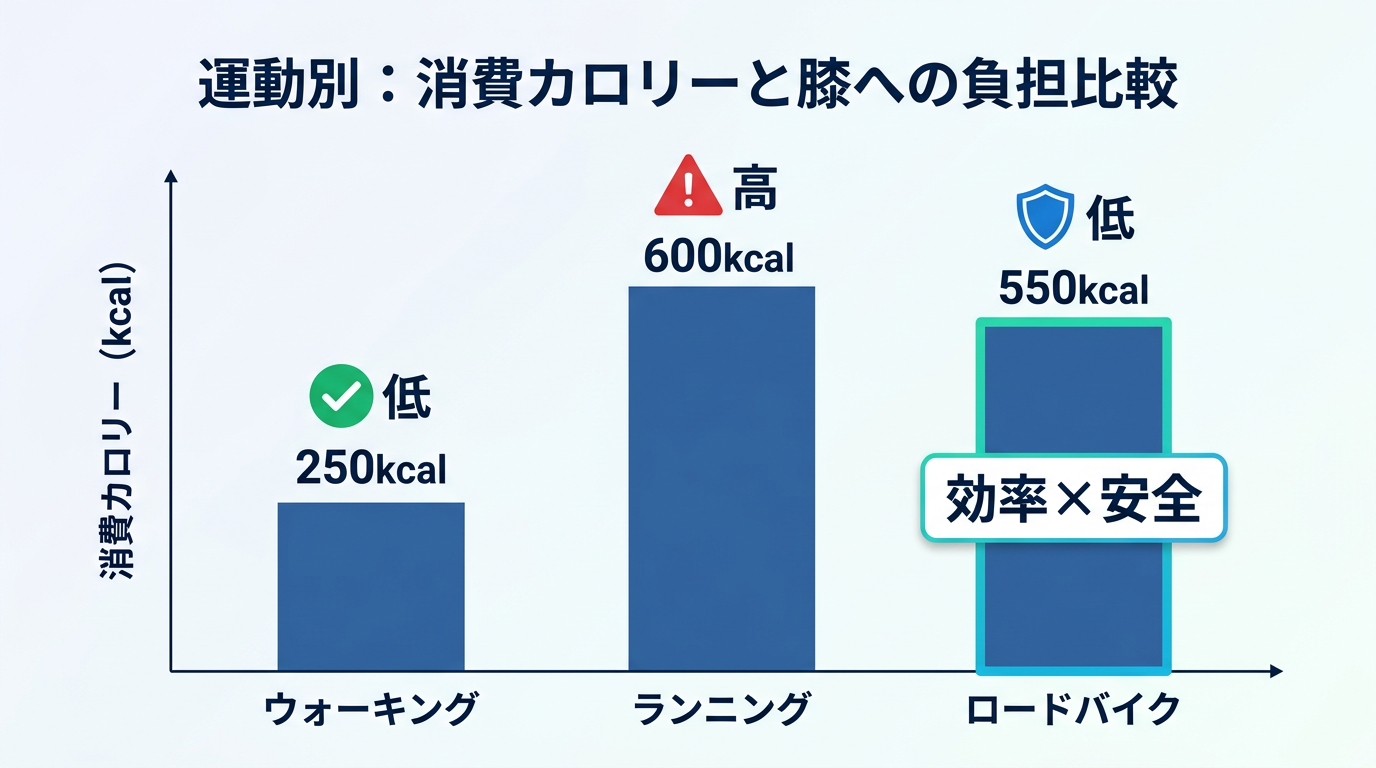 【文脈】ロードバイク、ランニング、ウォーキングの3つの運動における「1時間あたりの消費カロリー」と「膝への負担」を比較する図。読者にロードバイクの効率性と安全性を直感的に理解させるのが目的。【図解指示】比較棒グラフとアイコンの組み合わせ。横軸に運動名（ウォーキング、ランニング、ロードバイク）。縦軸に消費カロリー（kcal）。棒グラフの数値は、ウォーキング: 250kcal、ランニング: 600kcal、ロードバイク: 550kcalとする。各棒グラフの上に「膝への負担」を3段階のアイコンで表示。ウォーキングは「低（緑色のチェック）」、ランニングは「高（赤色の警告マーク）」、ロードバイクは「低（青色の盾マーク）」。ロードバイクの棒グラフを強調し「効率×安全」というラベルを付与する。