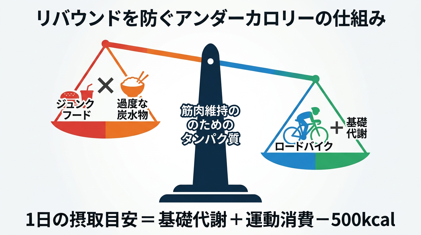 【文脈】リバウンドを防ぐための「アンダーカロリー」と「栄養バランス」の構造を説明する図。単なる減食ではなく、筋肉を維持する重要性を強調する。【図解指示】天秤（てんびん）のイラストを用いた比較図。左側（摂取カロリー）には「ジャンクフード・過剰な糖質」に×印、右側（消費カロリー）には「ロードバイク・基礎代謝」を配置。天秤は右側が重く下がっている（消費が多い）状態。天秤の中央に「筋肉維持のためのタンパク質」という柱を立てる。下部に「1日の摂取目安 = 基礎代謝 + 運動消費 - 500kcal」という数式を大きく記載。