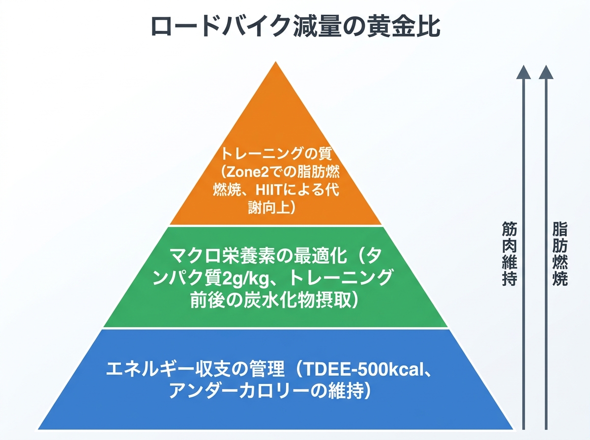 【文脈】ロードバイクの減量における「食事・トレーニング・休息」の優先順位と構成要素を整理する図解。筋肉を維持しながら脂肪を削るための黄金比を視覚化する。【図解指示】ピラミッド構造の図。下から順に3層で構成。1層目（土台）: 「エネルギー収支の管理（TDEE-500kcal、アンダーカロリーの維持）」。2層目: 「マクロ栄養素の最適化（タンパク質2g/kg、トレーニング前後の炭水化物摂取）」。3層目（頂点）: 「トレーニングの質（Zone2での脂肪燃焼、HIITによる代謝向上）」。ピラミッドの横に「筋肉維持」と「脂肪燃焼」の2つの矢印が上向きに伸びている。各層は色分け（青、緑、オレンジ）し、テキストは白抜きで読みやすく配置。