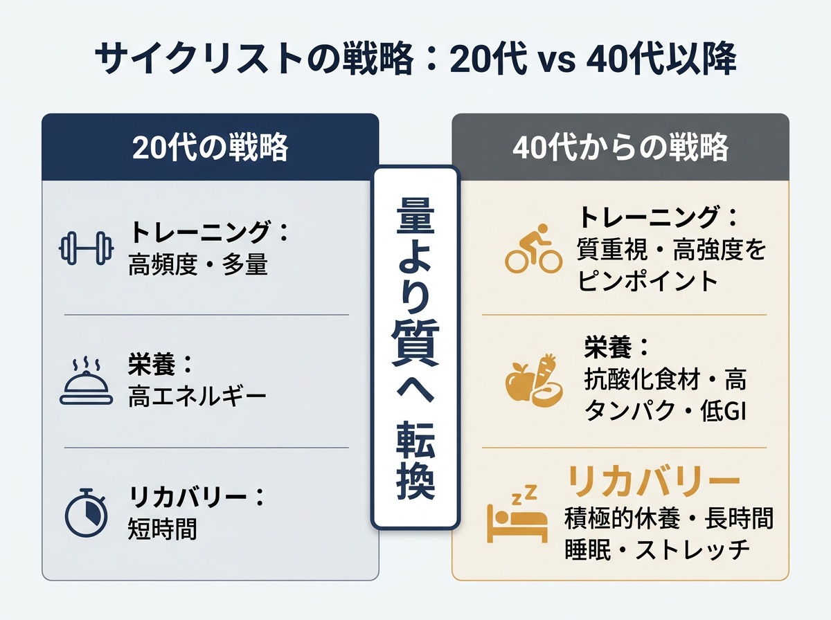 【文脈】40代以上のサイクリストが意識すべき「トレーニング・栄養・リカバリー」のバランスを20代と比較して解説する構造図。加齢に伴う戦略の変化を視覚化する。【図解指示】左右比較の構造図。左側「20代の戦略」: トレーニング（高頻度・多量）、栄養（高エネルギー）、リカバリー（短時間）。右側「40代からの戦略」: トレーニング（質重視・高強度をピンポイントで）、栄養（抗酸化食材・高タンパク・低GI）、リカバリー（積極的休養・長時間睡眠・ストレッチ）。40代側のリカバリー要素を大きく表示し、「量より質への転換」という中央ラベルを配置。全体的に落ち着いた信頼感のあるトーン。