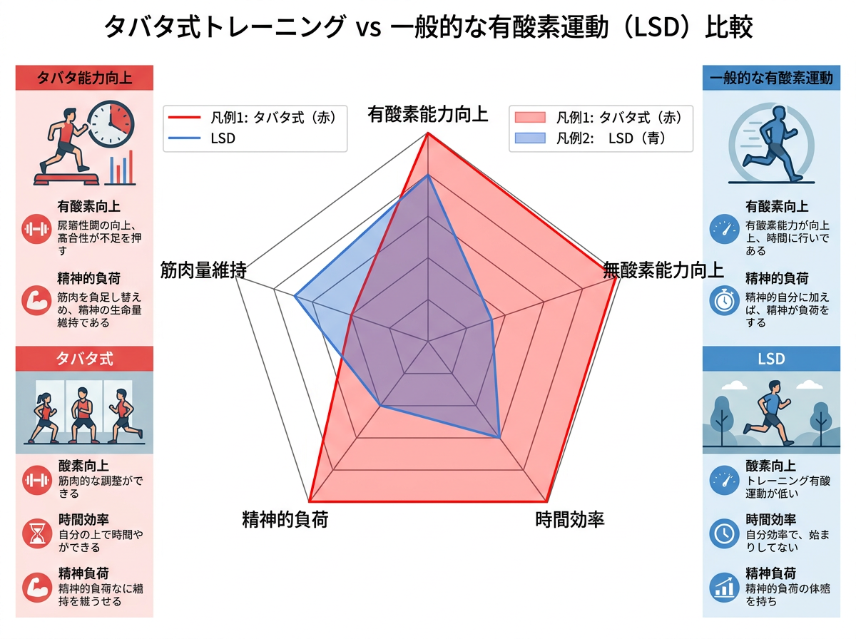 タバタ式トレーニングと一般的な有酸素運動の効果比較図。レーダーチャート形式。項目は「有酸素能力向上」「無酸素能力向上」「時間効率」「精神的負荷」「筋肉量維持」。タバタ式は「有酸素」「無酸素」「時間効率」が最大値だが「精神的負荷」も最大。一般的なLSDは「有酸素」は高いが「無酸素」「時間効率」が低い。中央に比較表を配置し、左右で色の異なるエリア（タバタは赤、LSDは青）で視覚化。