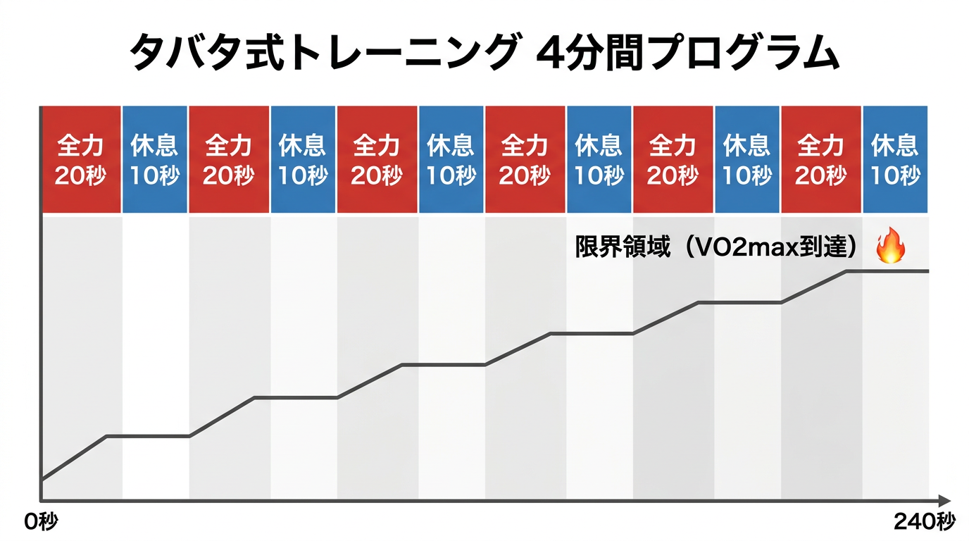 タバタ式4分間のタイムラインフロー図。横軸に時間（0秒から240秒）。20秒の赤いボックス（Work/全力）と10秒の青いボックス（Rest/休息）が交互に8回並ぶ。各セットごとに心拍数が階段状に上昇していくグラフを背景に重ねる。後半（6〜8セット目）には「限界領域（VO2max到達）」というラベルと炎のアイコンを配置。