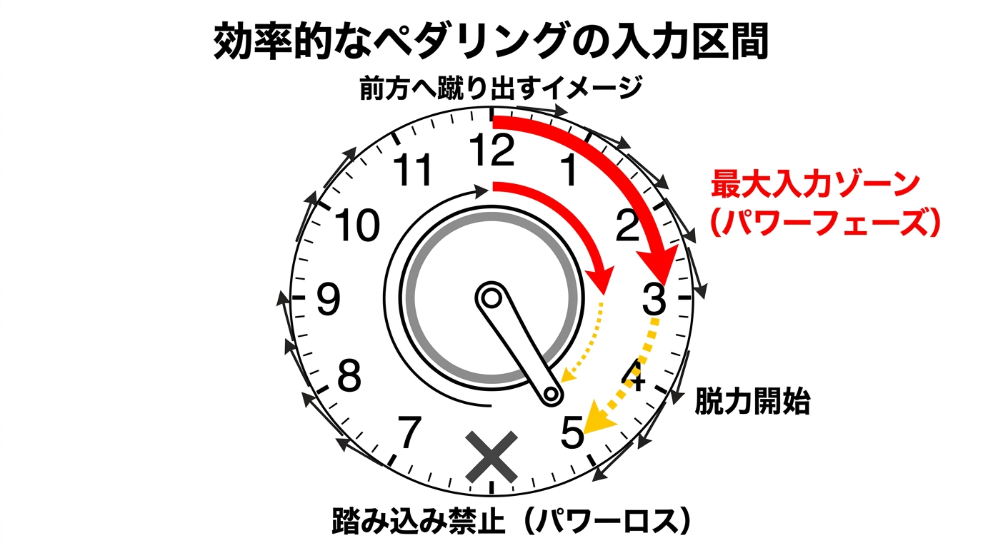 【文脈】ロードバイクのペダリングにおけるクランク位置と「効率的な入力区間」を視覚化する図。読者に「どこで力を入れ、どこで抜くべきか」を直感的に理解させる。
【図解指示】時計の文字盤を背景にしたクランクの円運動図。
1. 円の12時から3時の区間を太い「赤色」の矢印で強調し、「最大入力ゾーン(パワーフェーズ)」と記載。
2. 3時から5時の区間を「黄色」の点線矢印で示し、「脱力開始」と記載。
3. 6時(下死点)付近に大きな「×」印を配置し、「踏み込み禁止(パワーロス)」と記載。
4. 12時(上死点)には「前方へ蹴り出すイメージ」という注釈を付ける。
5. 全体として、円運動の接線方向に力が働くべきであることを示す小さなベクトル矢印を円周上に配置する。背景はシンプルに白、文字は黒で読みやすさを重視。