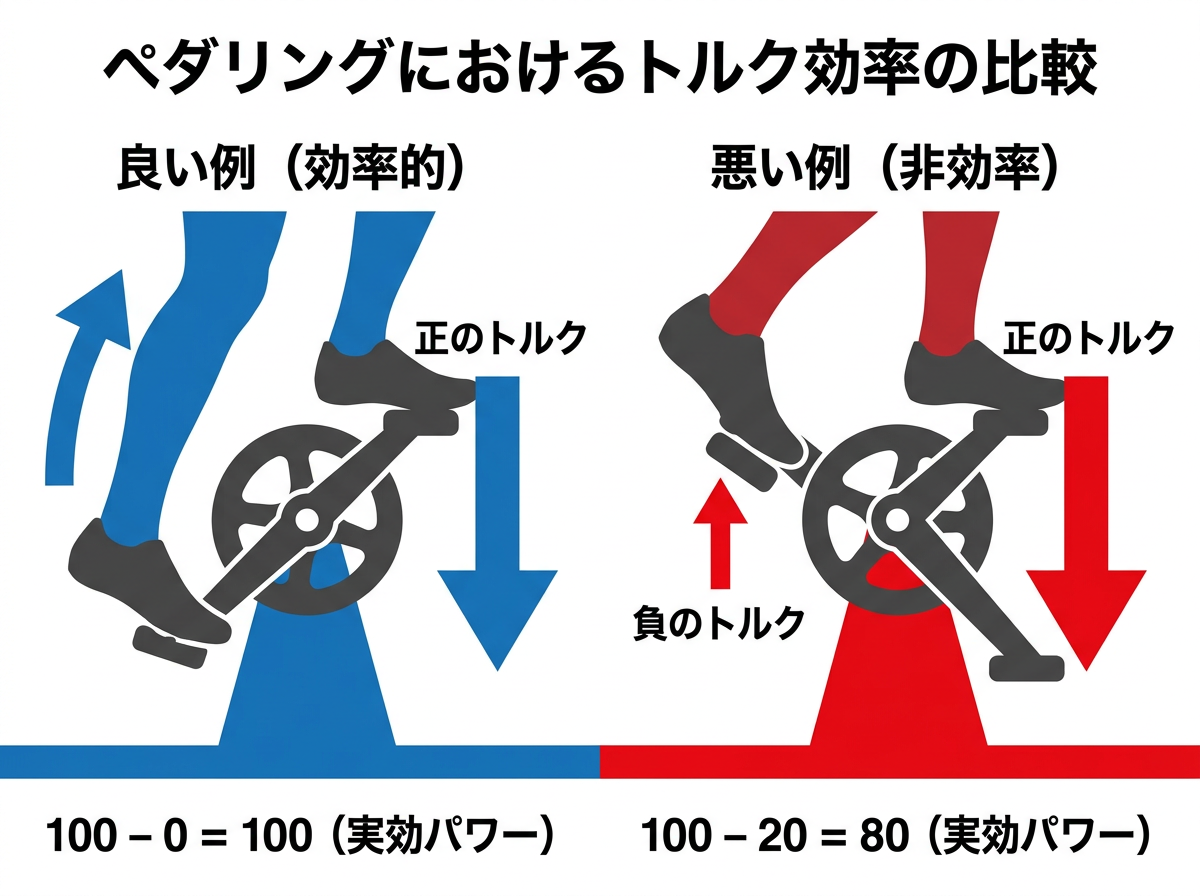 【文脈】ペダリングにおける「正のトルク」と「負のトルク」の関係性を説明する図。左右の足がどのように干渉し合っているかを可視化する。
【図解指示】左右の脚とクランクを横から見た比較構造図。
1. 左側(踏み込み足):3時の位置にあり、下向きの大きな矢印(正のトルク)を表示。
2. 右側(引き足):9時の位置にあり、上向きの小さな矢印(負のトルク排除の動き)を表示。
3. 中央のクランク軸において、踏み込みの力(100)から引き足の重み(-20)が引かれる数式イメージを配置。「100(推進力) - 20(足の重み) = 80(実効パワー)」のような比較。
4. 「良い例」として、引き足がスムーズに上がり、負のトルクがゼロに近い状態を青色で表示。
5. 「悪い例」として、引き足が重りになってしまい、踏み込みの邪魔をしている状態を赤色で表示。
6. レイアウトは左右比較形式。企業ロゴは一切含めない。