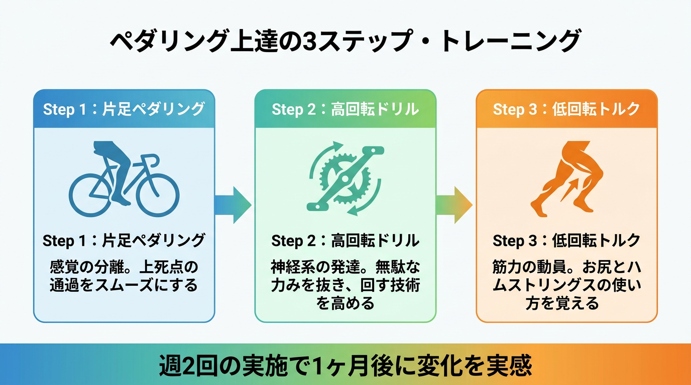 【文脈】ペダリング上達のための3ステップ・トレーニング計画。読者が明日から実践できる具体的なアクションを示す。
【図解指示】3段階のステップアップフロー図。
1. Step 1: 「片足ペダリング(感覚の分離)」。イラストアイコンとして片足のシルエット。効果:上死点の通過をスムーズにする。
2. Step 2: 「高回転ドリル(神経系の発達)」。イラストアイコンとして回転するクランク。効果:無駄な力みを抜き、回す技術を高める。
3. Step 3: 「低回転トルク(筋力の動員)」。イラストアイコンとして力強い脚。効果:お尻とハムストリングスの使い方を覚える。
各ステップは矢印で結ばれ、下部には「週2回の実施で1ヶ月後に変化を実感」というテキストを配置。色使いは青(基礎)→緑(応用)→オレンジ(強化)のグラデーション。