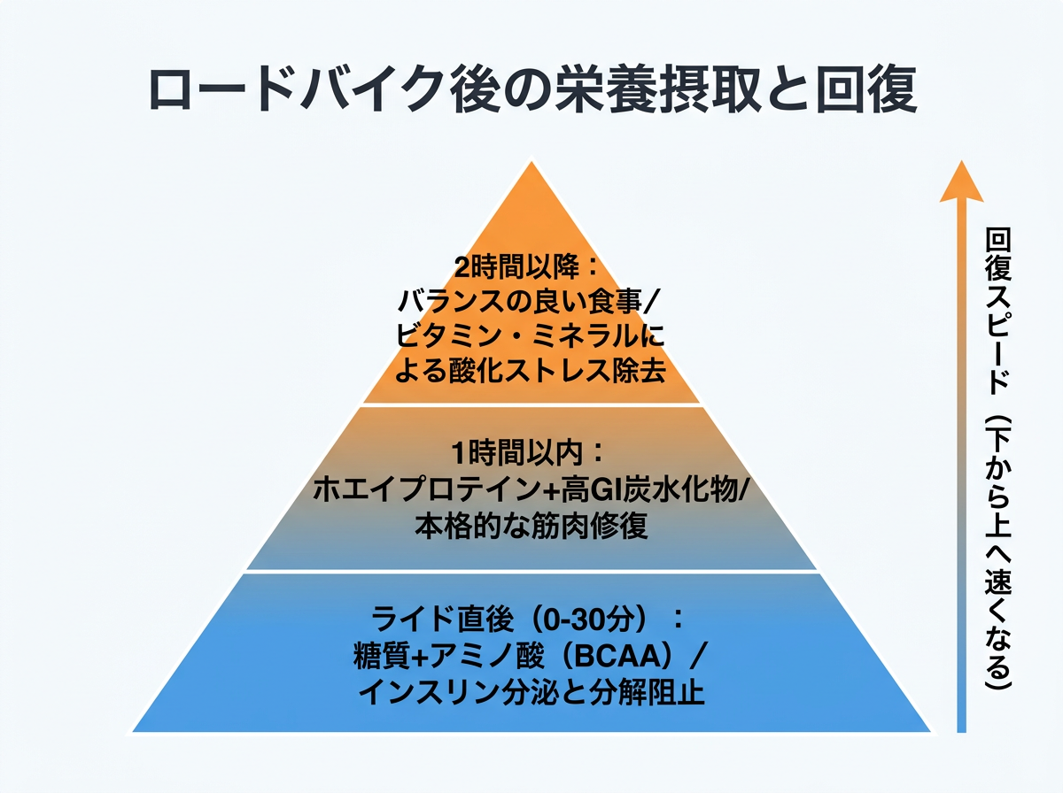 【文脈】ロードバイクのライド後における栄養摂取の優先順位とタイミングを視覚化する図。科学的な回復プロセスを読者に理解させる。 【図解指示】ピラミッド型の構造図。下から上に向かって重要度と摂取タイミングを示す。1段目（土台）: 「ライド直後（0-30分）」糖質＋アミノ酸（BCAA）。インスリン分泌と分解阻止。2段目: 「1時間以内」ホエイプロテイン＋高GI炭水化物。本格的な筋肉修復。3段目（頂点）: 「2時間以降」バランスの良い食事。ビタミン・ミネラルによる酸化ストレス除去。右側に「回復スピード」の矢印を配置し、下ほど速いことを示す。色は青からオレンジへのグラデーション。