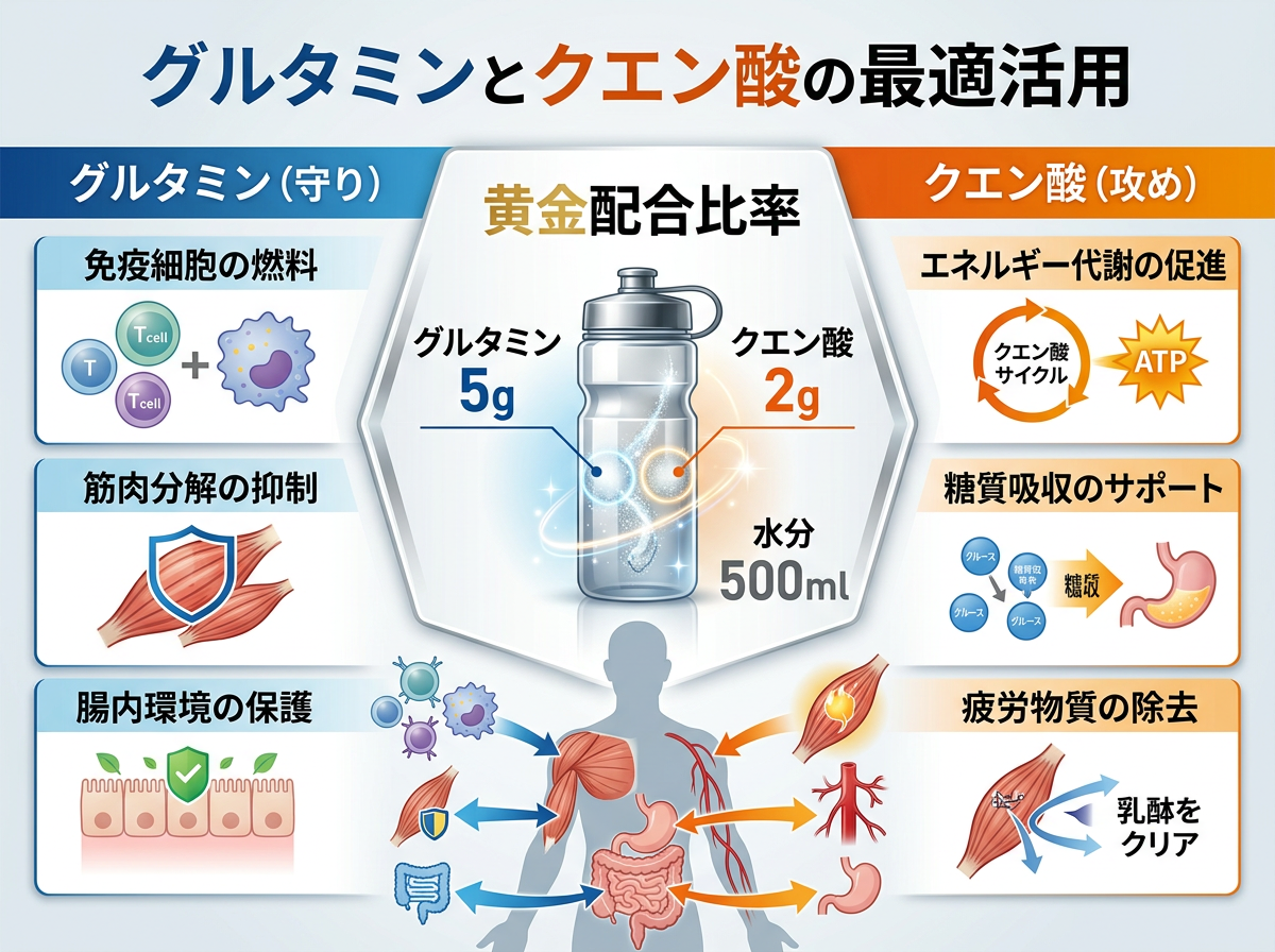 【文脈】グルタミンとクエン酸が身体に与える影響と、その最適な配合比率を解説する図。サプリメントをスマートに活用したい読者向け。 【図解指示】左右分割のマトリクス図。左側: 「グルタミン（守り）」免疫細胞の燃料、筋肉分解の抑制、腸内環境の保護。右側: 「クエン酸（攻め）」エネルギー代謝の促進、糖質吸収のサポート、疲労物質の除去。中央に「黄金配合比率」として、グルタミン5g、クエン酸2g、水分500mlのボトルイラストを表示。各成分が体内のどの部位（筋肉、胃、血管）に効くかを示す簡略化した人体図を添える。