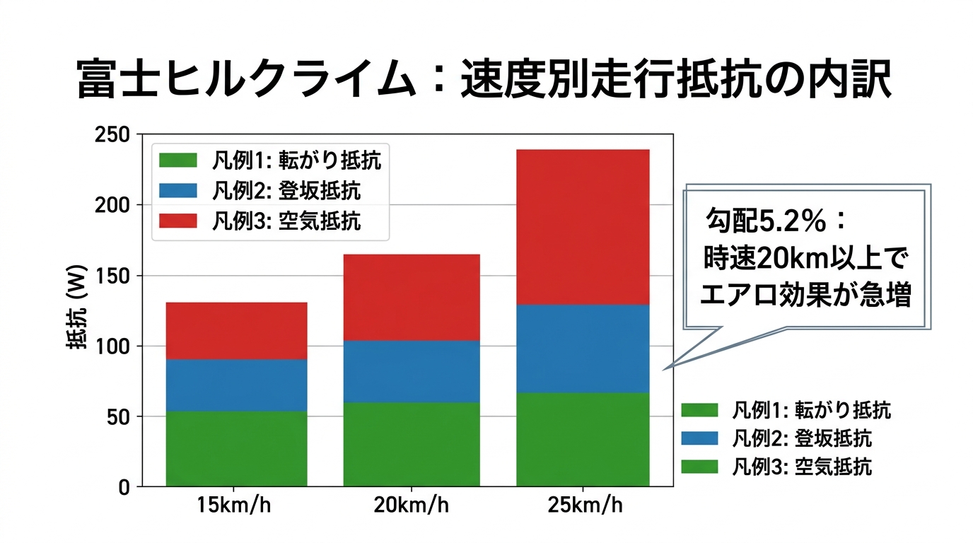【文脈】富士ヒルクライムにおける走行抵抗の内訳を、速度別に可視化する図。勾配5.2%の条件下で、速度が上がるほど空気抵抗の比重が増すことを示す。【図解指示】積み上げ棒グラフ。横軸は速度（15km/h, 20km/h, 25km/h）。縦軸は抵抗（W）。各棒は下から「転がり抵抗（緑）」「登坂抵抗（青）」「空気抵抗（赤）」で構成。15km/hでは空気抵抗は小さいが、25km/hでは空気抵抗が登坂抵抗に迫る大きさになる様子を描画。グラフの右側に「勾配5.2%：時速20km以上でエアロ効果が急増」と注釈を入れる。