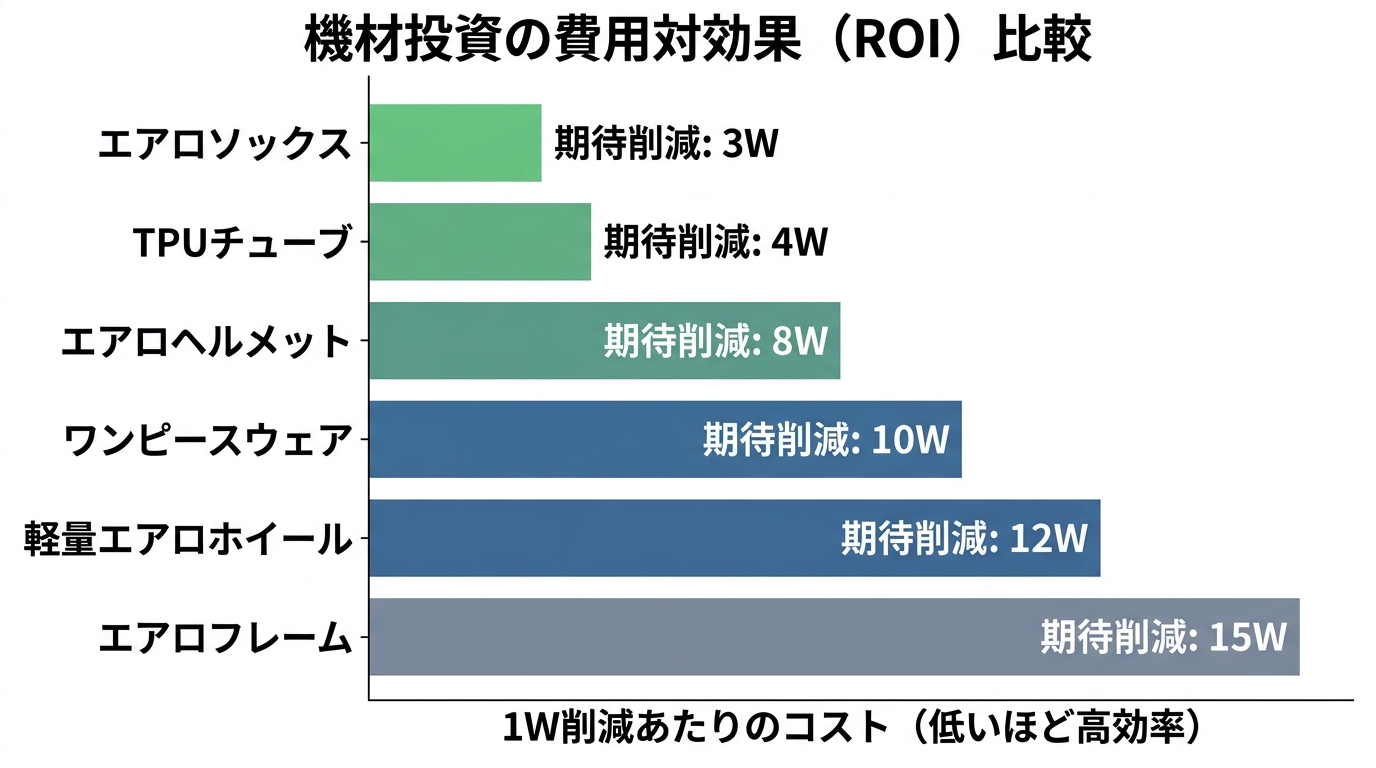 【文脈】機材投資の費用対効果（ROI）を比較する図。1W削減するために必要なコストを視覚化し、読者が優先順位を判断しやすくする。【図解指示】横棒グラフ。項目は「エアロソックス（数千円）」「TPUチューブ（数千円）」「エアロヘルメット（2-3万円）」「ワンピースウェア（3-5万円）」「軽量エアロホイール（20-40万円）」「エアロフレーム（50-100万円）」。棒の長さは「1W削減あたりのコスト」を示し、ソックスやウェアが短く（高効率）、フレームやホイールが長い（低効率）。各棒の横に期待削減ワット数（例：ウェア10W、ヘルメット8W）を記載。