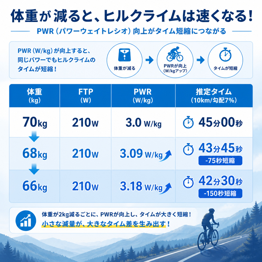 【文脈】体重の変化がヒルクライムのタイムに与える影響を、パワーウェイトレシオ(PWR)の視点から解説する比較表。読者が減量のメリットを直感的に理解できるようにする。【図解指示】比較表(テーブル形式)。左列から「体重(kg)」「FTP(W)」「PWR(
