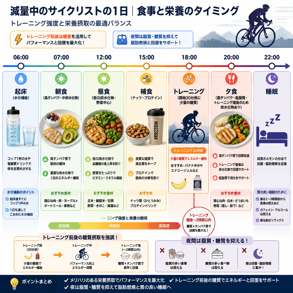 【文脈】減量中のサイクリストが、1日の中でいつ、何を食べるべきかを視覚化したタイミングチャート。トレーニング強度と栄養摂取の関係を示す。【図解指示】タイムライン形式のフロー図。06:00 起床(水分補給)、07:00 朝食(高タンパク・中炭水化物)、