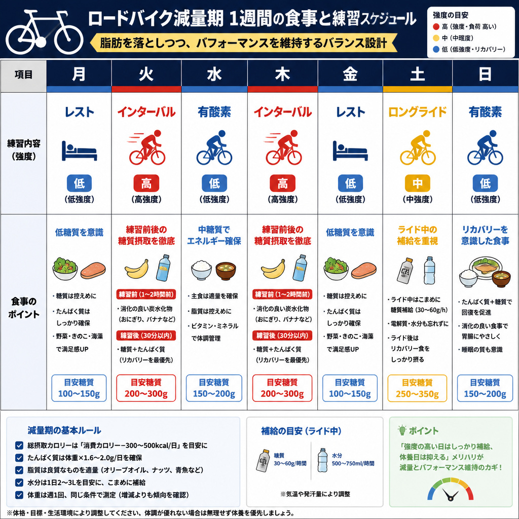 【文脈】ロードバイクの減量期1週間の食事と練習スケジュールを整理するテンプレート図。読者がそのまま真似できる実用的な情報を提示する。【図解指示】1週間(月〜日)のスケジュール表。行項目は「曜日」「練習内容(強度)」「食事のポイント」。月: レスト/低