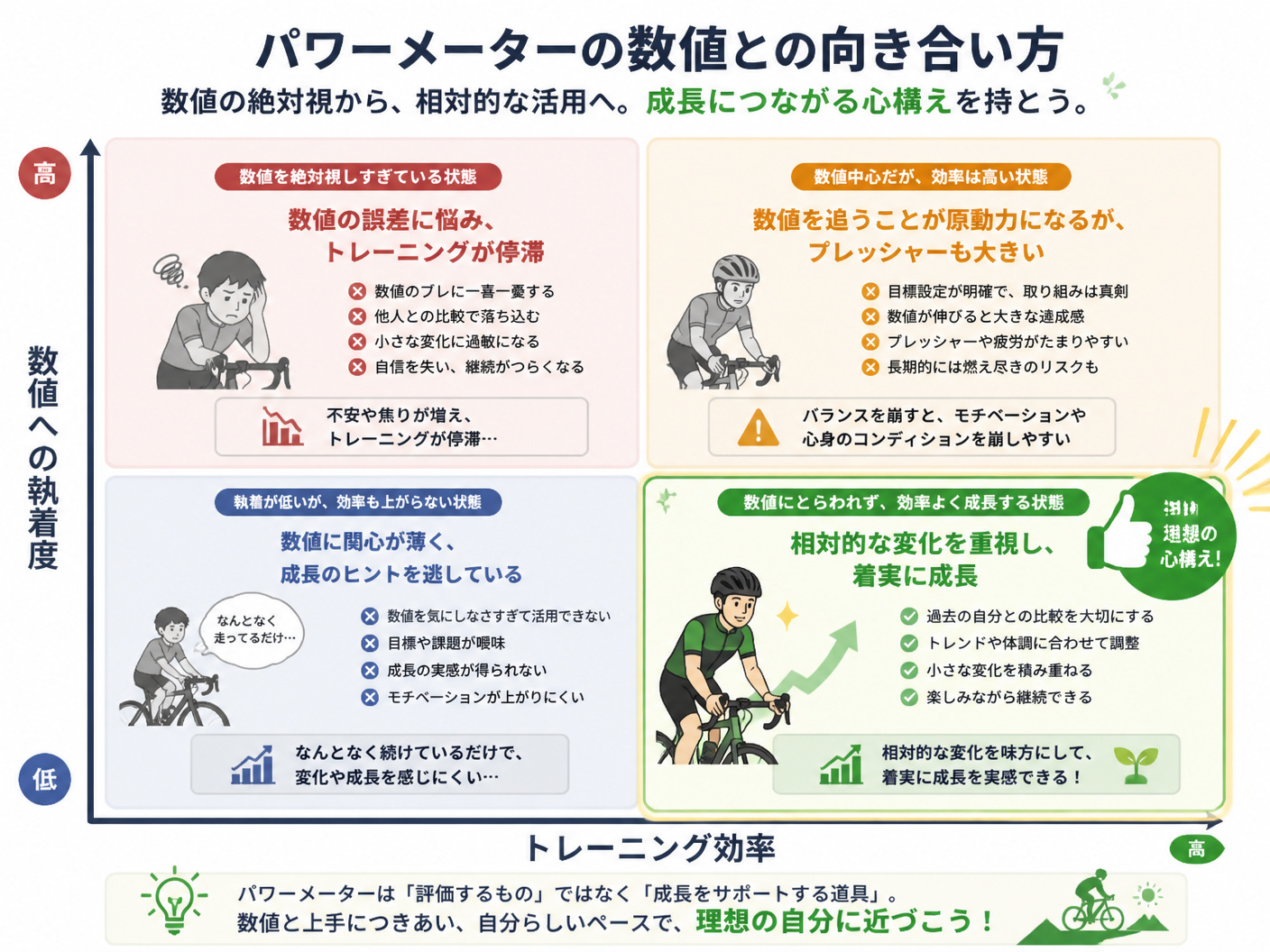 【文脈】パワーメーターの数値に対する心構えを整理したマトリクス図。読者が「数値の絶対視」から「相対的な活用」へ意識を変えるのを助ける。【図解指示】2×2のマトリクス。縦軸:数値への執着度(低・高)、横軸:トレーニング効率(低・高)。左上(執着高・効率