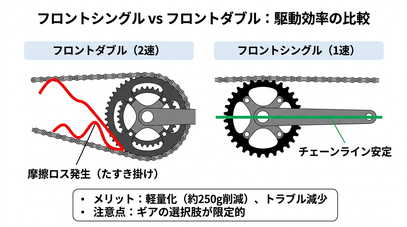 【文脈】フロントシングルとフロントダブルのチェーンラインおよび摩擦ロスの違いを解説する図。富士ヒルのような長時間走行において、駆動効率がどう変わるかを示す。【図解指示】構造比較図。左側に「フロントダブル（2速）」、右側に「フロントシングル（1速）」を配置。ダブル側はチェーンリングが2枚あり、インナーロー使用時にチェーンが斜めになる「たすき掛け」状態と、それに伴う摩擦ロスの発生を赤い波線で示す。シングル側はチェーンリングが中央に1枚あり、ナローワイド歯形によってチェーンが安定し、ラインが比較的ストレートに保たれる様子を緑の直線で示す。下部に「メリット：軽量化（約250g削減）、トラブル減少」と「注意点：ギアの選択肢が限定的」というテキストボックスを配置。
