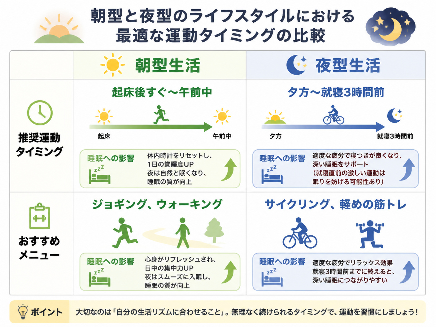 【文脈】朝型と夜型のライフスタイルにおける最適な運動タイミングの比較図解。読者が自分の生活に合わせてスケジュールを組めるようにする。【図解指示】比較表。横軸に「朝型生活」「夜型生活」。縦軸に「推奨運動タイミング」「おすすめメニュー」。朝型：運動タイミ
