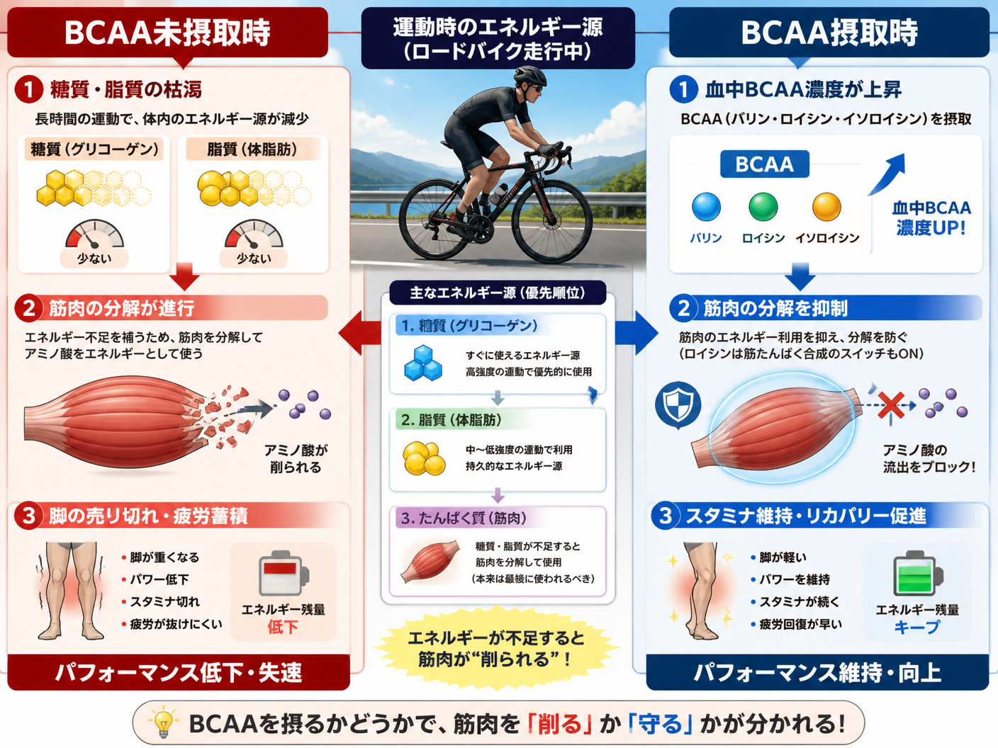 【文脈】ロードバイク走行中に筋肉が分解されるメカニズムと、BCAA摂取による抑制効果を視覚的に解説する図。読者がアミノ酸補給の必要性を直感的に理解できるようにする。【図解指示】左右比較の構造図。左側「BCAA未摂取時」: 糖質・脂質枯渇→筋肉の分解(