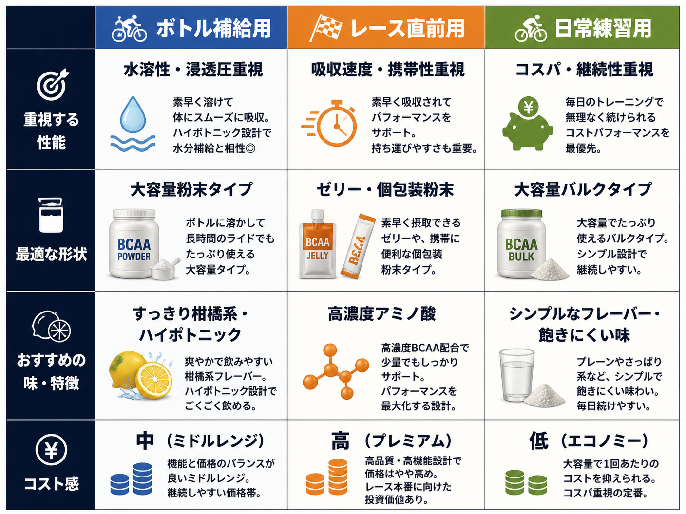 【文脈】ロードバイクの利用シーン(ボトル補給、レース直前、日常練習)に応じたBCAAサプリメントの選び方をマッピングした比較表。読者が自分の目的に合った製品タイプを瞬時に判断できるようにする。【図解指示】3列×4行のマトリクス比較表。列ヘッダー: 「
