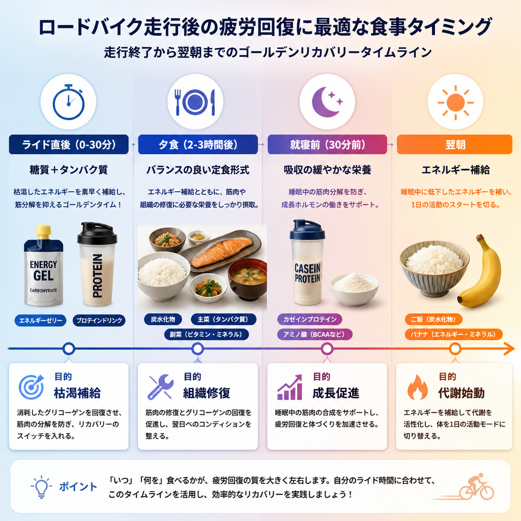 【文脈】ロードバイク走行終了から翌朝までの、疲労回復に最適な食事摂取タイミングを可視化したタイムライン図。読者が自身のスケジュールに当てはめて実践しやすくする。【図解指示】横軸のタイムライン図。左から右へ時間が進む。1.「ライド直後(0-30分)」: