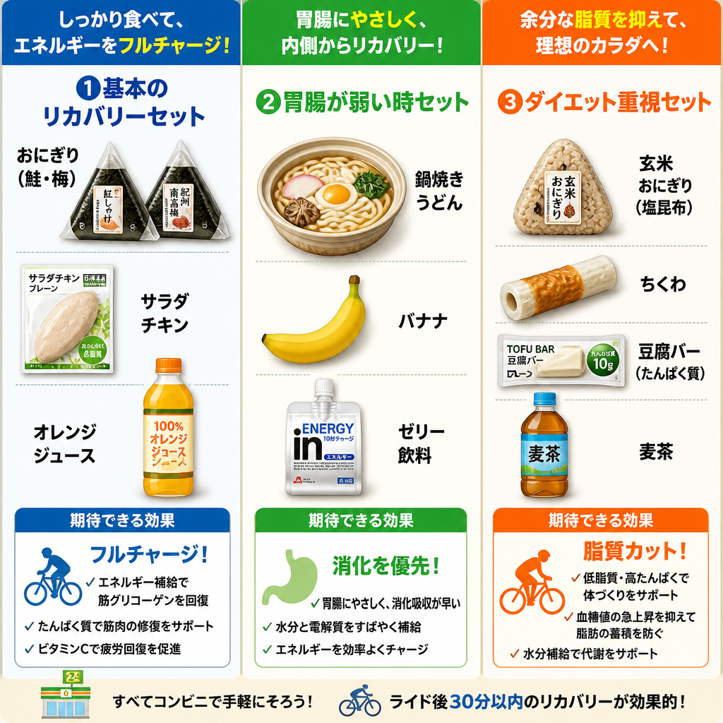 【文脈】コンビニで手軽に購入できる、ロードバイク後の目的別リカバリー食事セットを提案する比較表。自炊が難しいサイクリストへの具体的なガイド。【図解指示】3列の比較表。1列目「基本のリカバリーセット」:おにぎり(鮭・梅)、サラダチキン、オレンジジュース