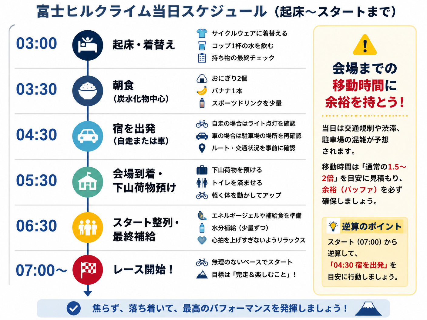 【文脈】富士ヒル当日の起床からスタートまでのタイムスケジュールを視覚化。読者が「いつ何をすべきか」を時系列で把握し、宿を出るタイミングを逆算できるようにする。【図解指示】垂直方向のタイムライン図。1. 03:00 起床・着替え。2. 03:30 朝食